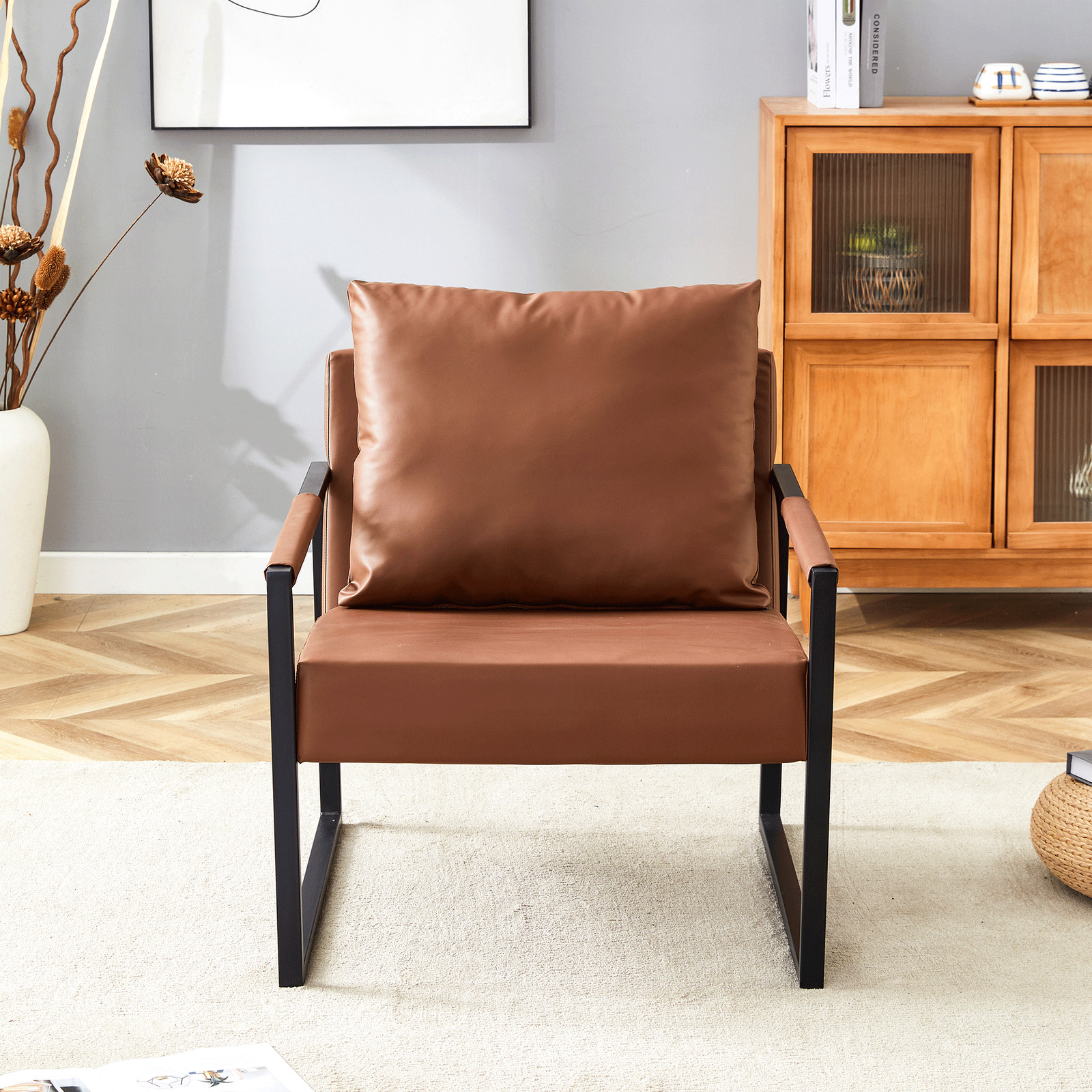 Set of 1 Classic Brown PU Leather and Metal Frame Sofa -Ergonomically designed,