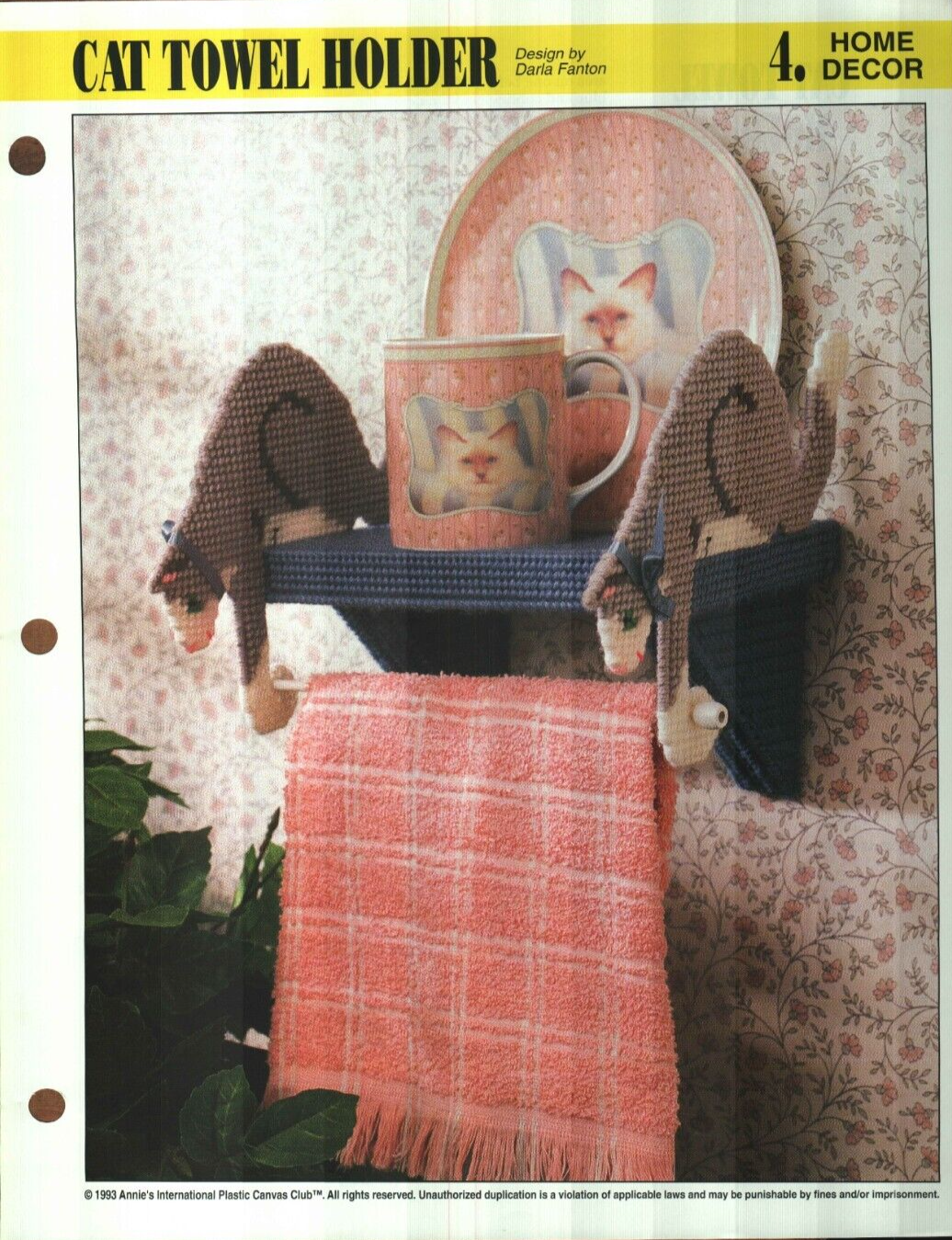 NEW CAT TOWEL HOLDER WALL SHELF ANNIE'S PLASTIC CANVAS PATTERN INSTRUCTIONS HTF