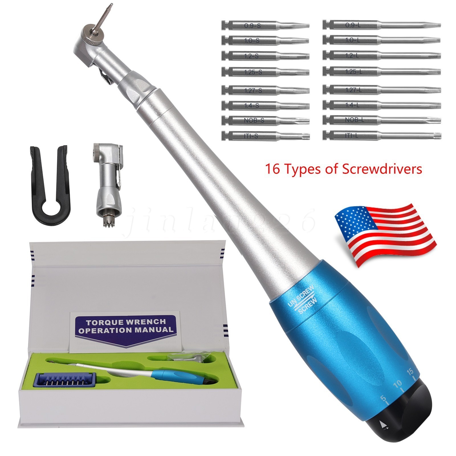 Dental Torque Wrench Universal Implant Kit Contra Angle+16 Drivers