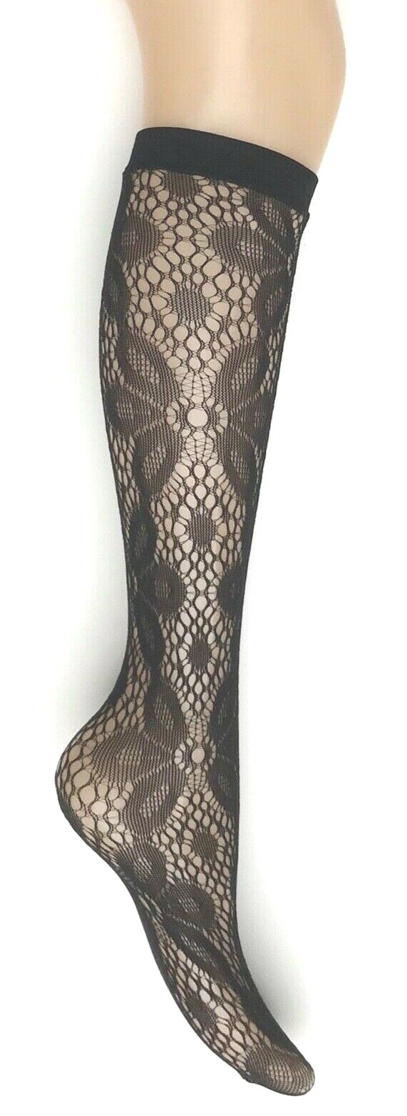 2 PACKS - Black Knee High Socks Daisy Pattern- Fishnet Socks.
