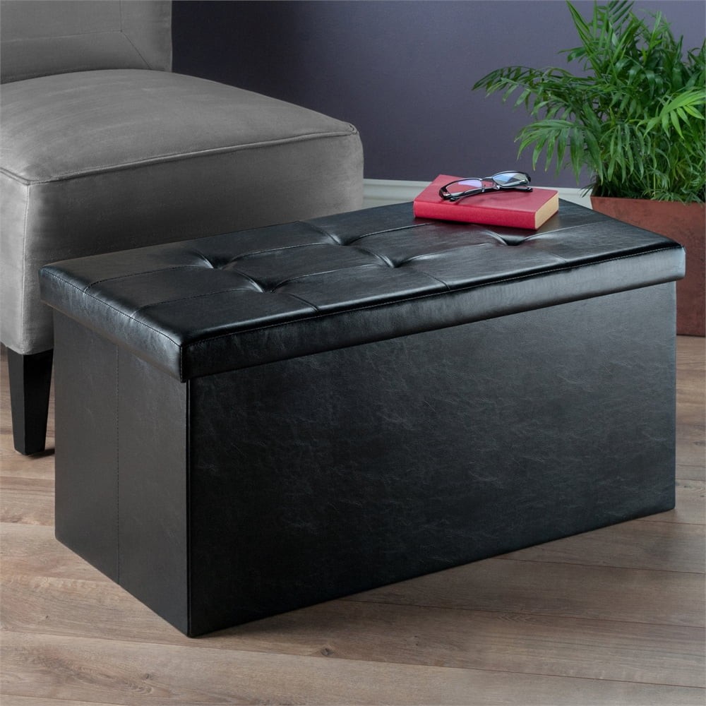 Wood Ashford Rectangular Storage Ottoman Black Faux Leather
