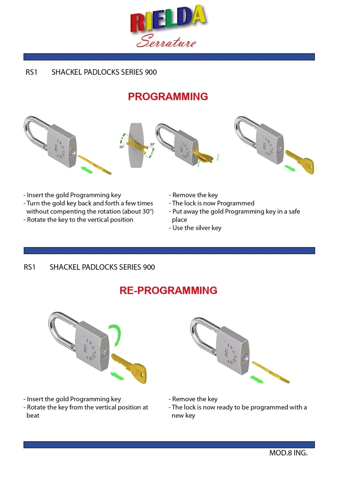 4 X RIELDA Keyed Alike Padlocks Re-programable High Security/With 8 +1 Keys