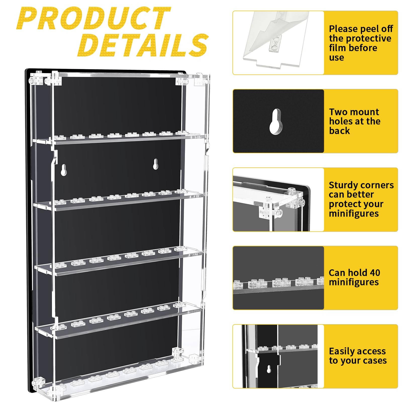 Minifigures Display Case Wall Mounted with Built in Stands for 40 Figurines C...