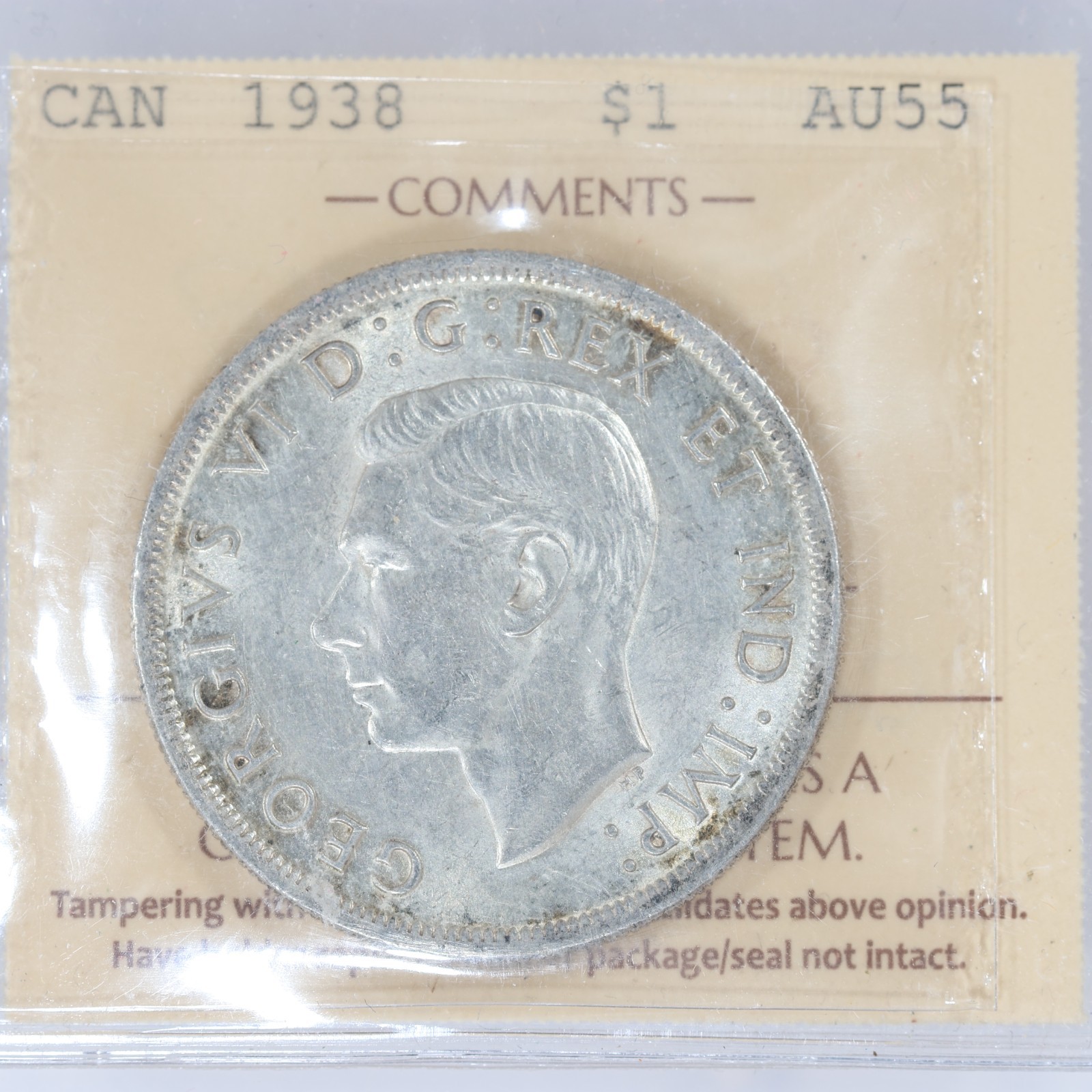 1938 Canada Silver Dollar ICCS AU55 - Key Date