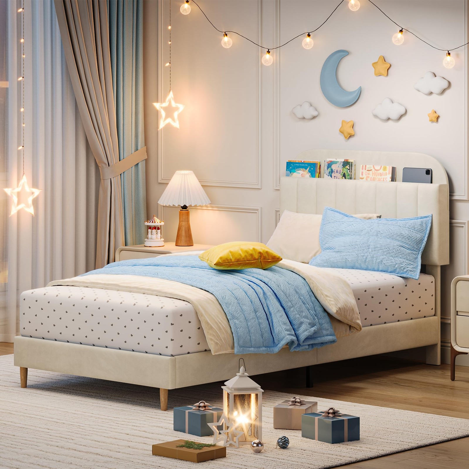 Twin Size Bed Frame with Storage Headboard, Velvet Upholstered Platform for Kids