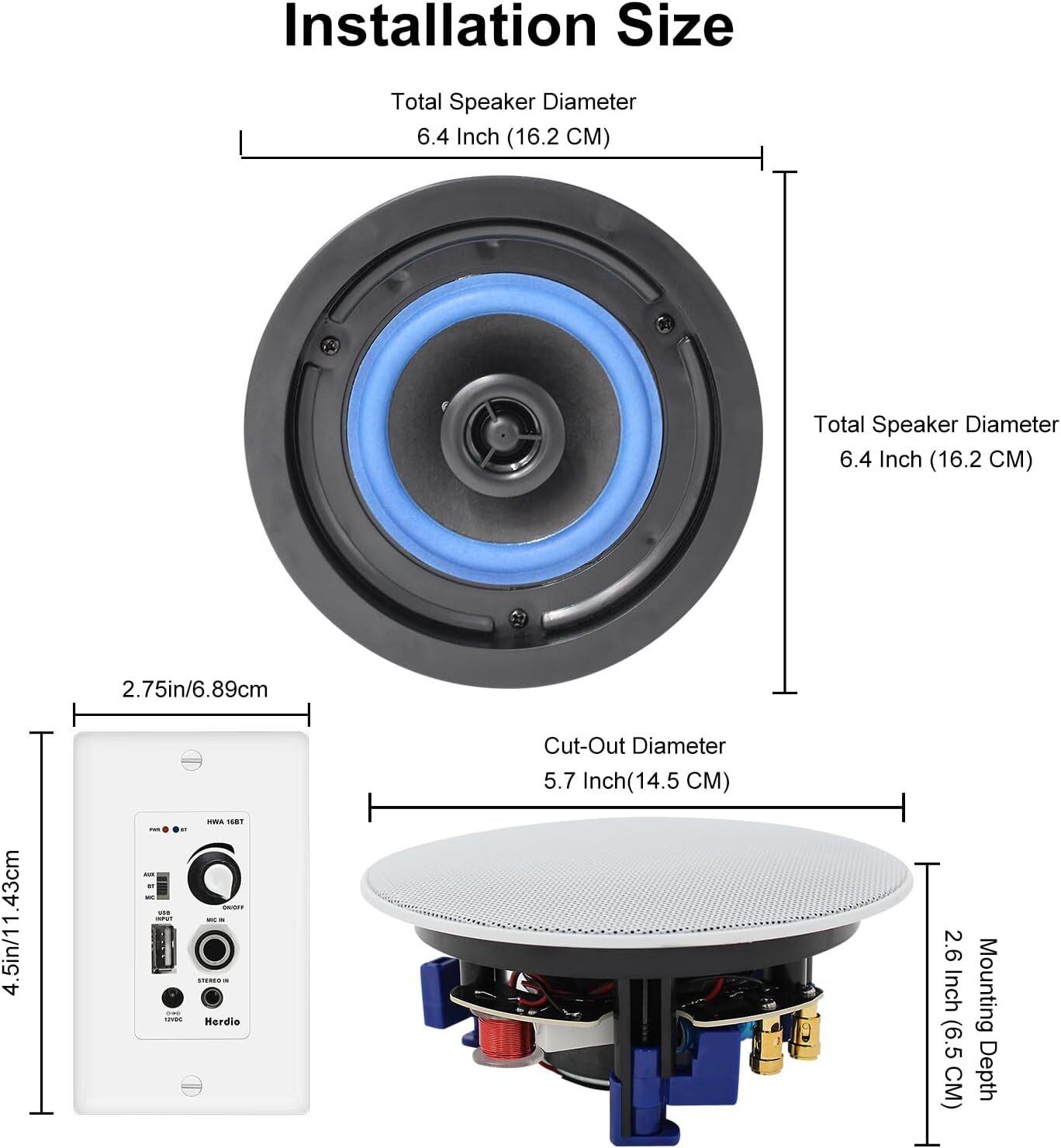 Herdio Bluetooth Ceiling Speakers Wired+4 Channel Amplifier Receiver TheaterHome
