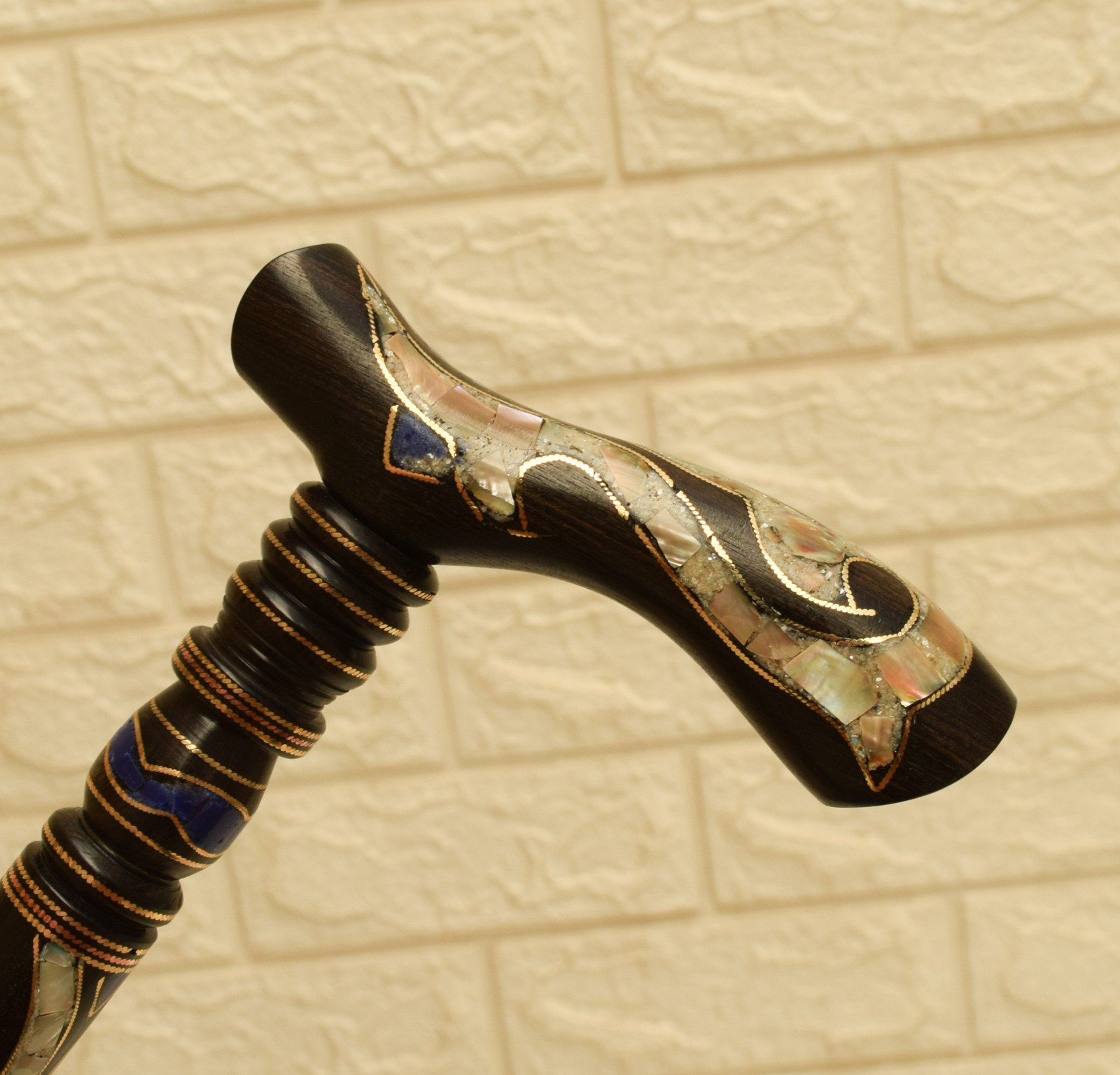 Handmade Ebony Wood Walking Cane 36" Lapis and Mother of Pearl Inlaid Stick