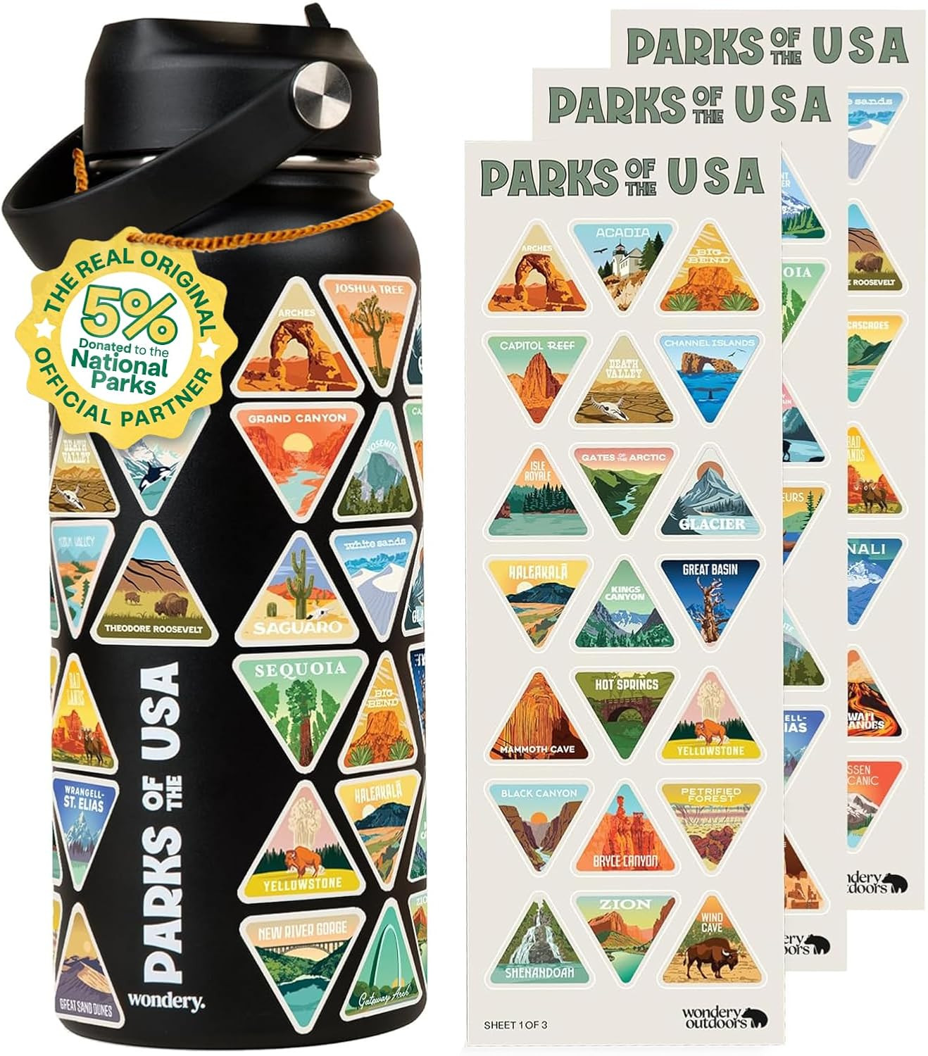 USA® National Parks Water Bottle with 63 Waterproof Stickers of Parks (USA), 32