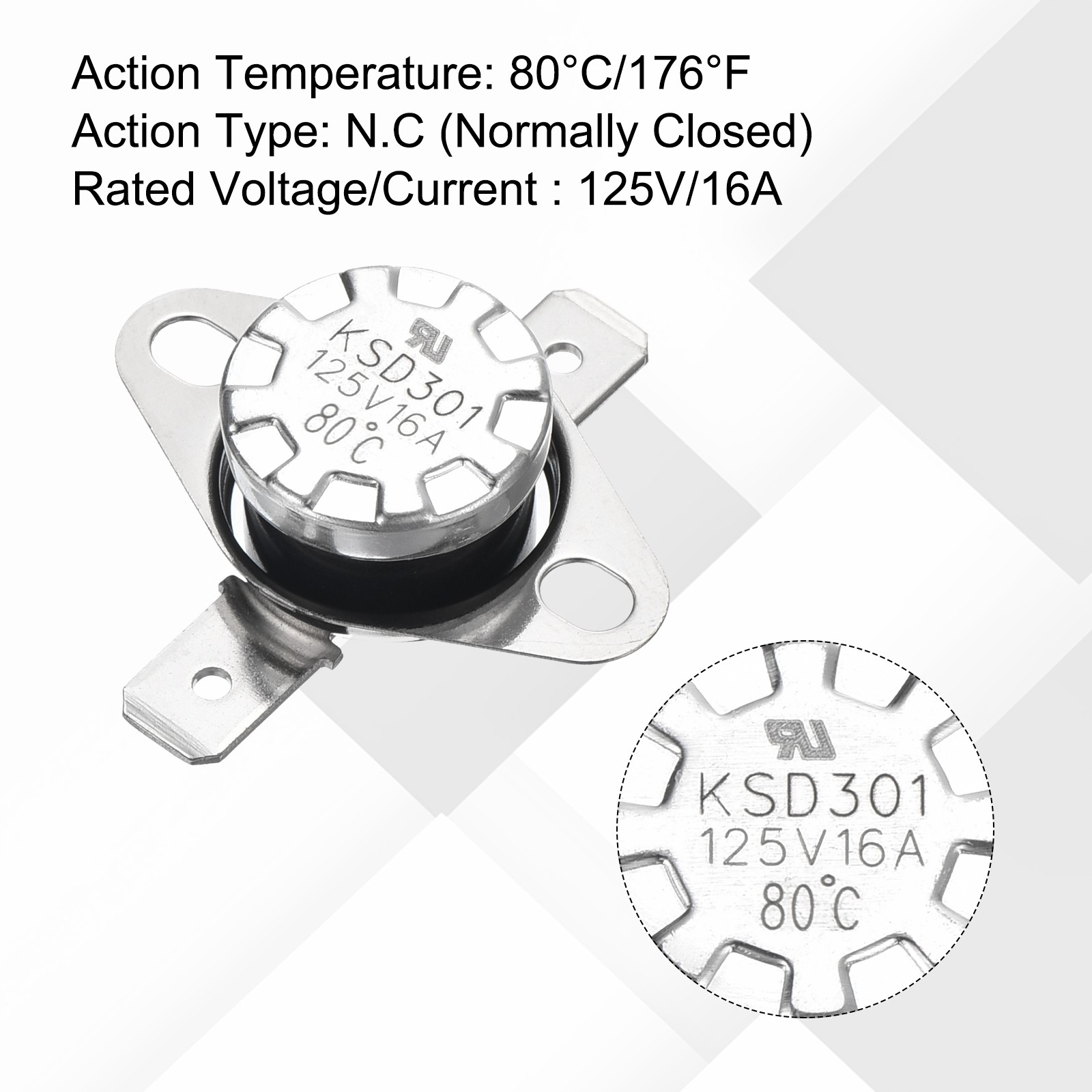 2pcs KSD301 Thermostat 80°C 16A NC Snap Disc Temperature Switch Bakelite