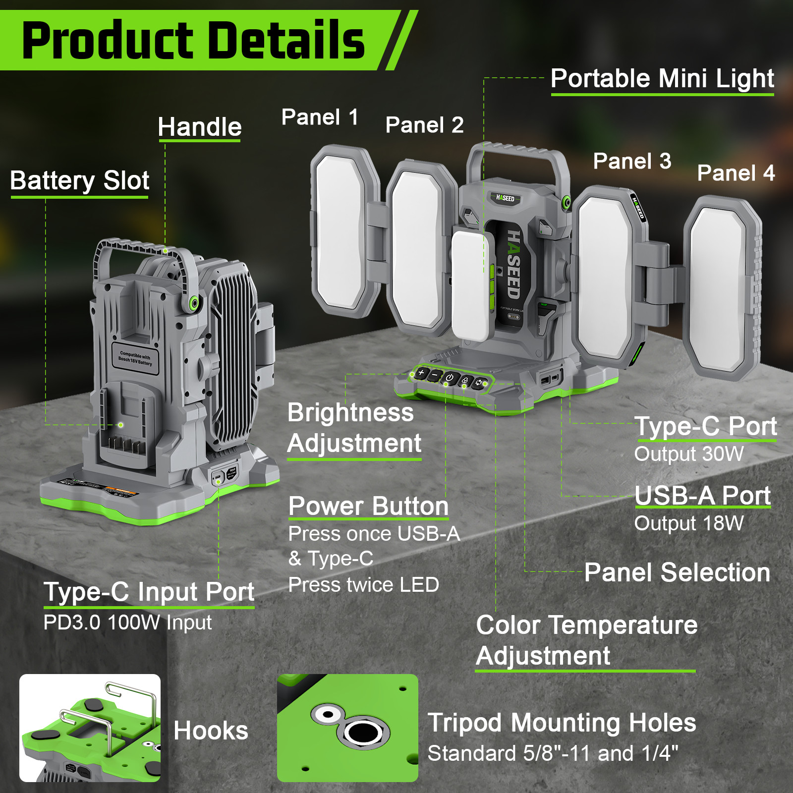 Cordless 10000LM LED Work Light for Bosch 18V 4-Panel Foldable for Car Repair