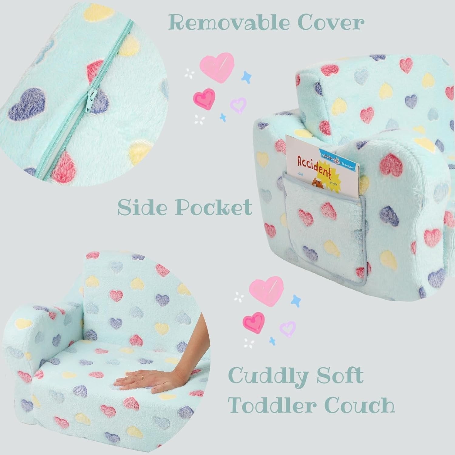 Kids-Friendly 2-in-1 Couch and Lounger - Colorful Heart Design for Toddlers