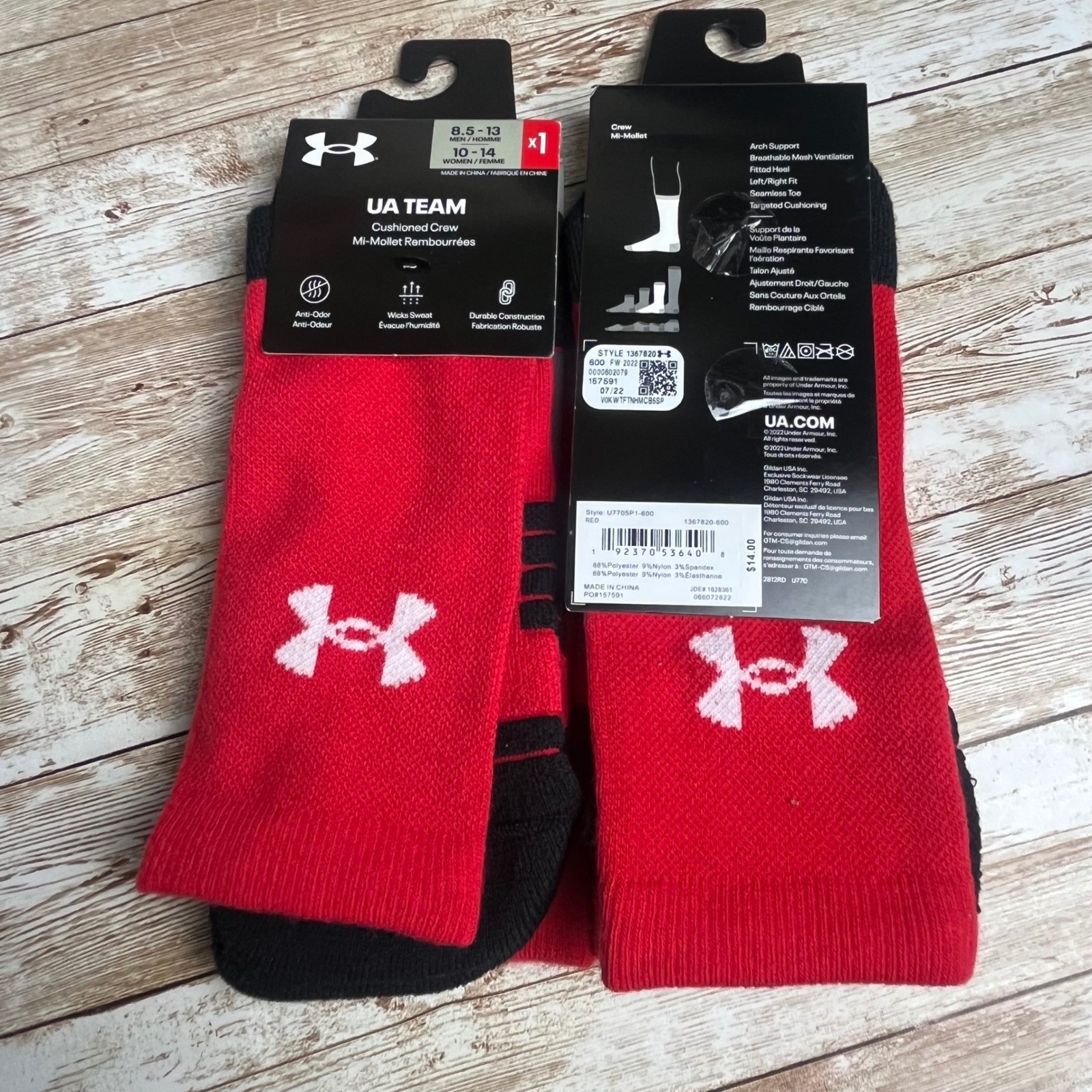 2 pair Under Armour UA Team Cushioned Crew Socks Red Black Men Women Size 8.5 13