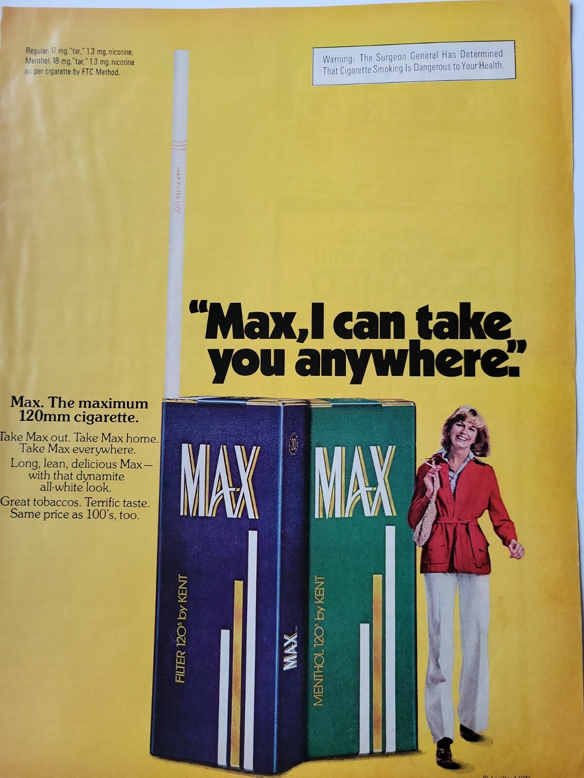 1976 Max cigarettes I can take you anywhere vintage ad