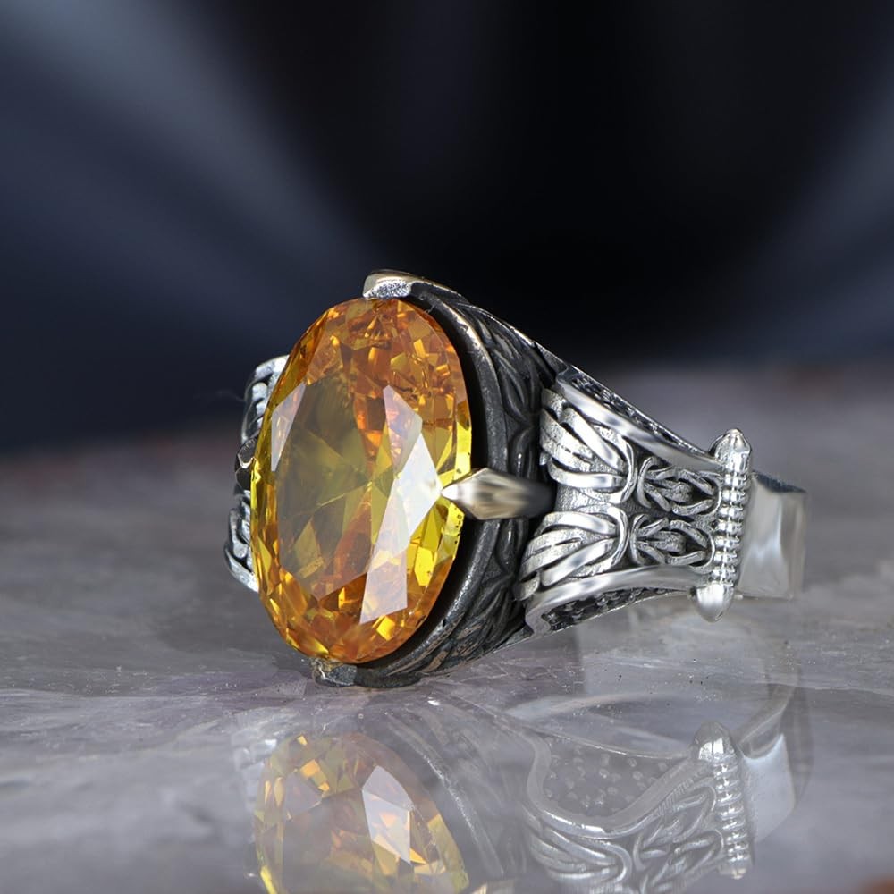 Byzantine Chain Design 925 Sterling Silver Citrine Stone Men's Ring, Handmade