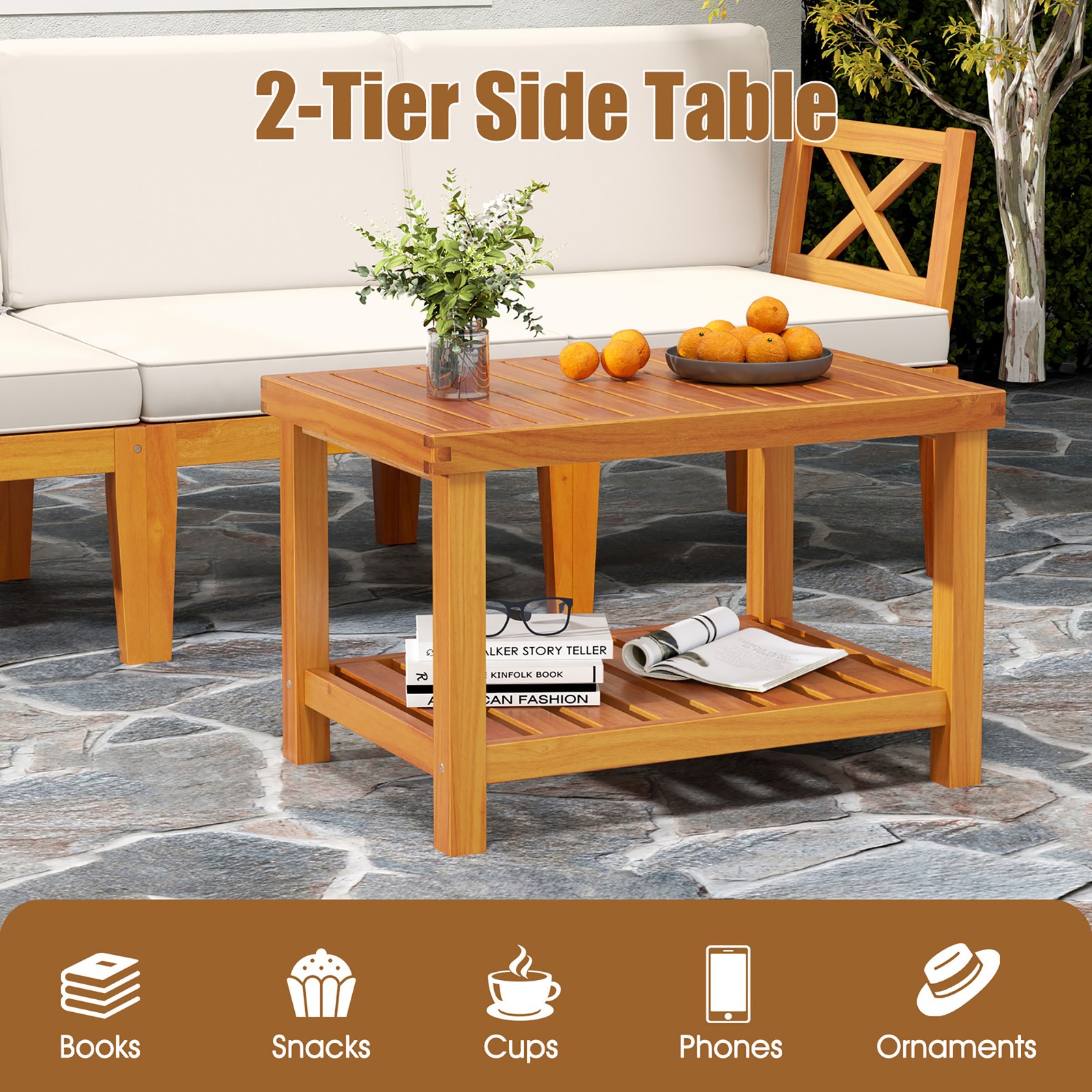 5 PCS Acacia Wood Patio Chaise Lounge Chair Set w/ 2-Tier Coffee Table Cushions