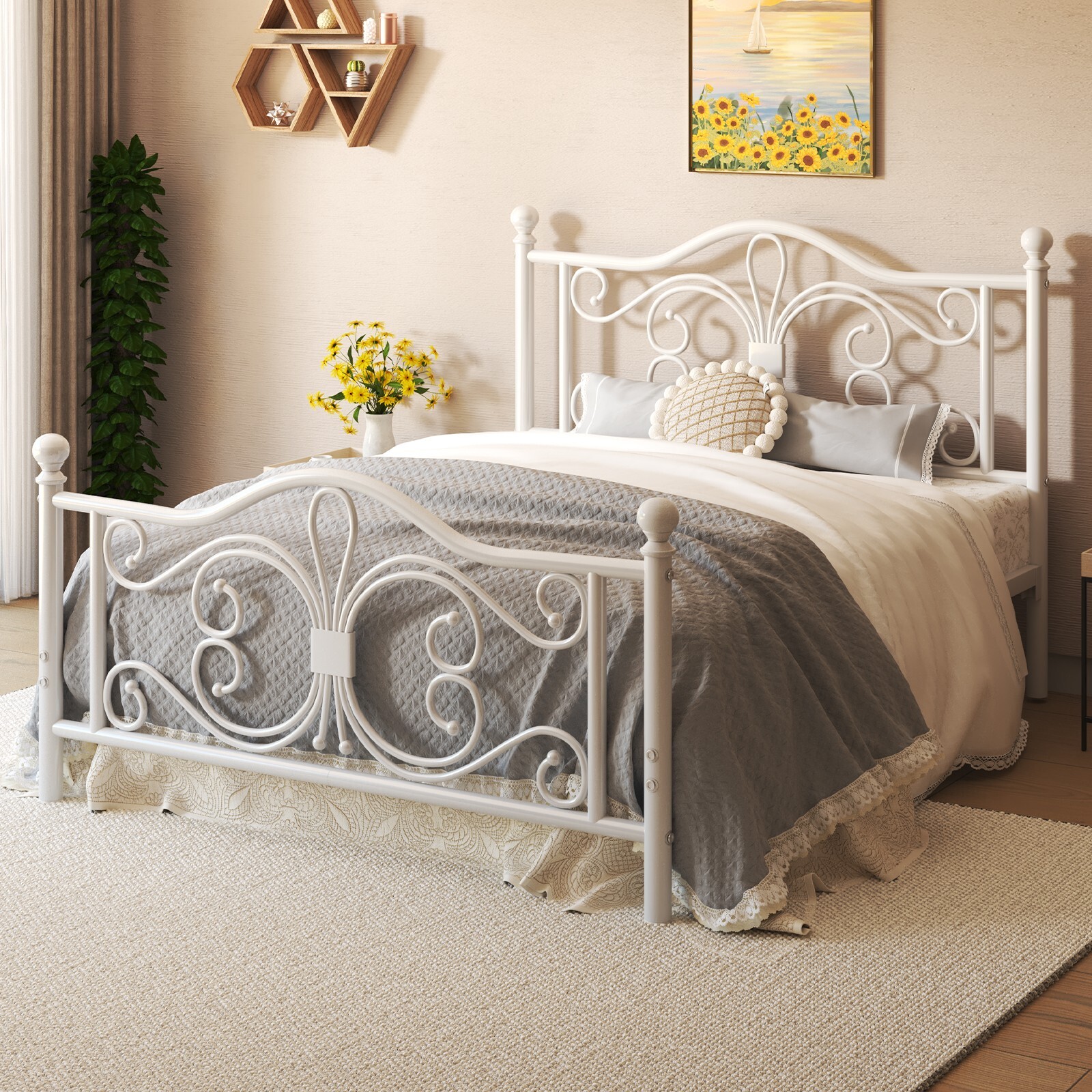 Queen Size Bed Frame with Butterfly Pattern Design Strong Metal Slats Support
