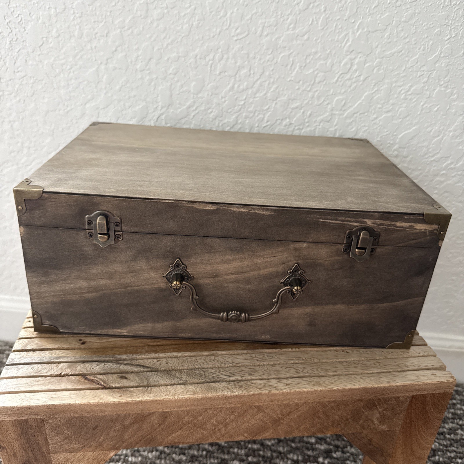Rustic Wooden Storage Chest Box with Brass Corners Vintage Organizer