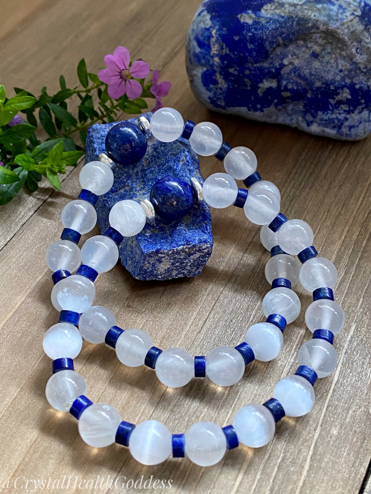 Selenite Lapis Lazuli Bracelet 925 Sterling Silver