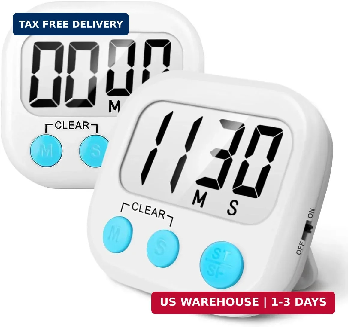 2 Pack Digital Kitchen Timer for Cooking Big Digits Loud Alarm Magnetic Backing