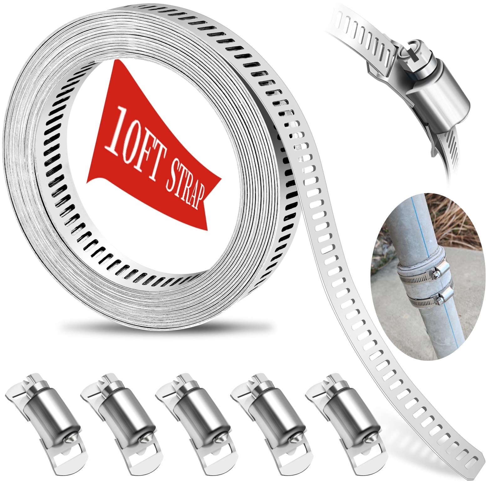 WSWECCL Hose Clamps 10FT Strap+5 10 FT Fasteners, Silver