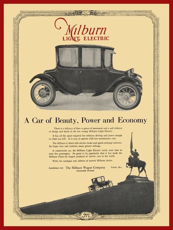 1920 Milburn Electric Car of Toledo, OhiO Metal Sign: 12x16" Free Shipping