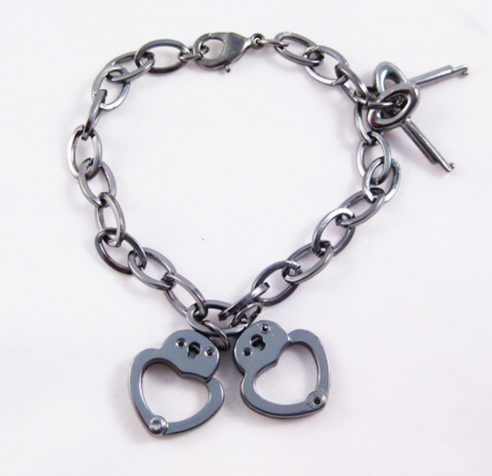 New Gun Metal (dark silver) Color Metal Heart Shaped Handcuffs Bracelet #B2118