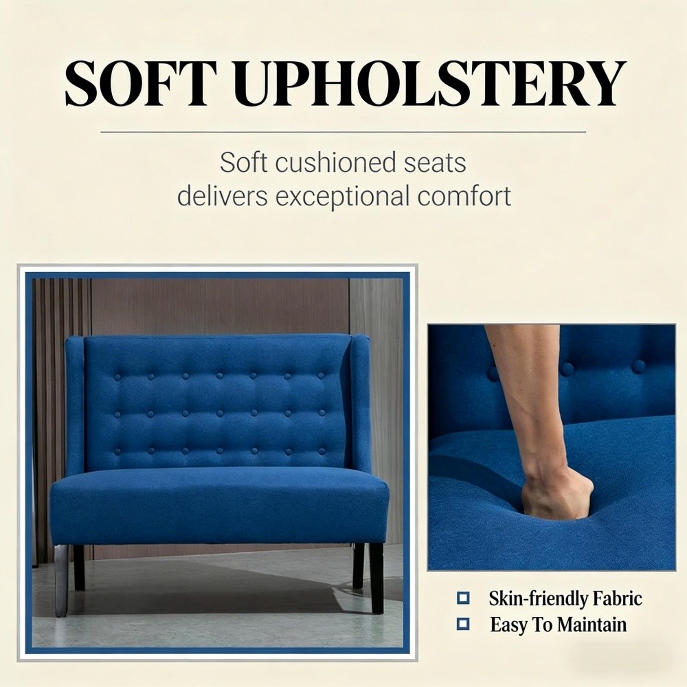 Two Seater Wingback Sofa Chair Button Tufted Linen Fabric Blue Living Room