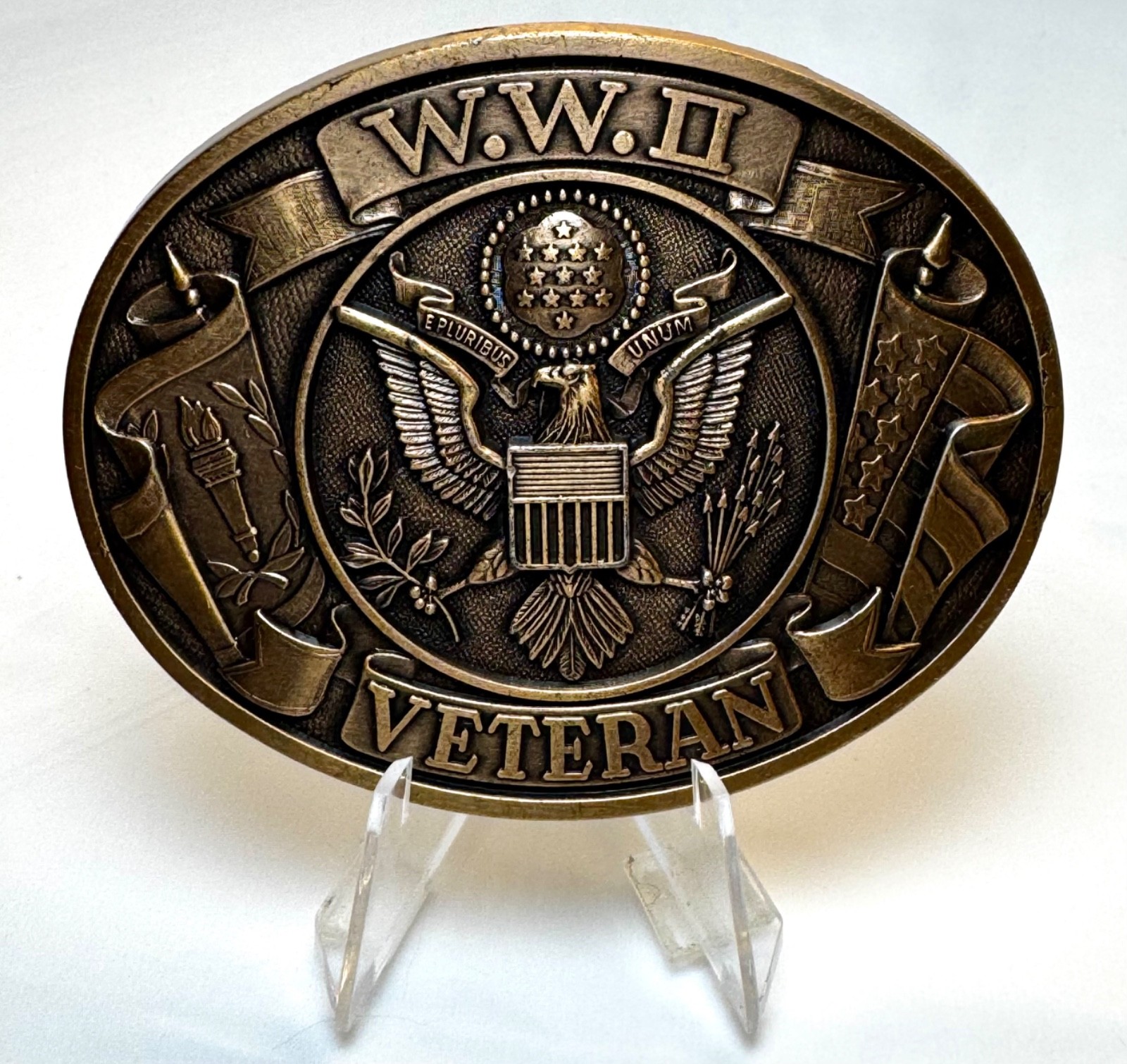 Vintage WWII Veteran Brass Belt Buckle World War Two (2) WW2 USA Military