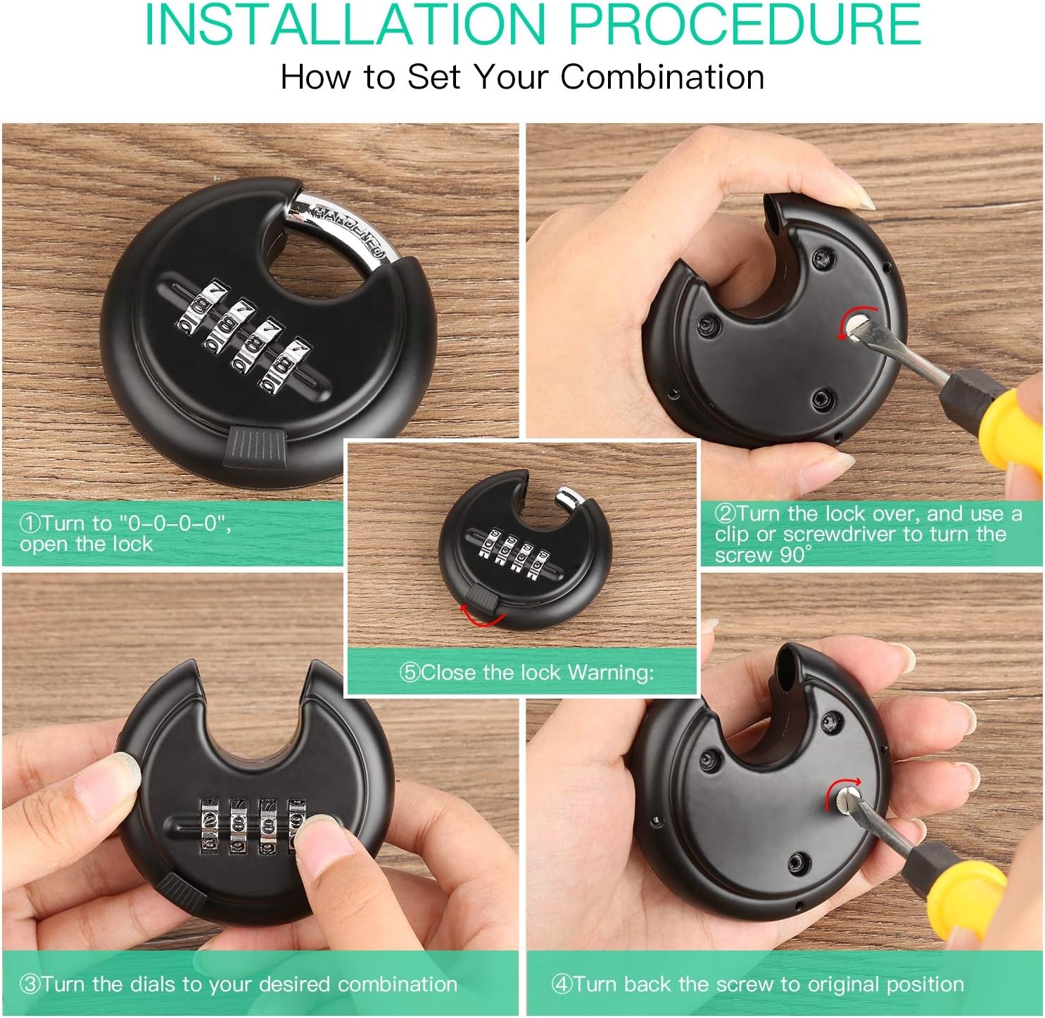 4-digit combination disc lock with hardened steel shackle