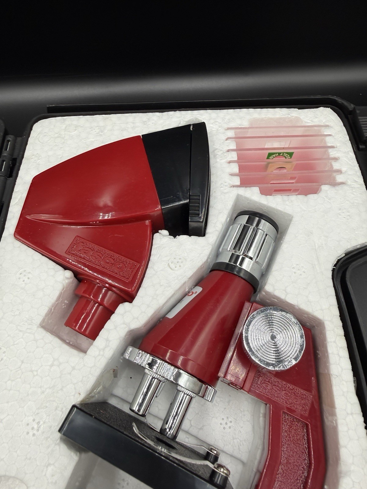 Vintage Tasco red microscope kit, 601200-4F model, includes Carrying Case