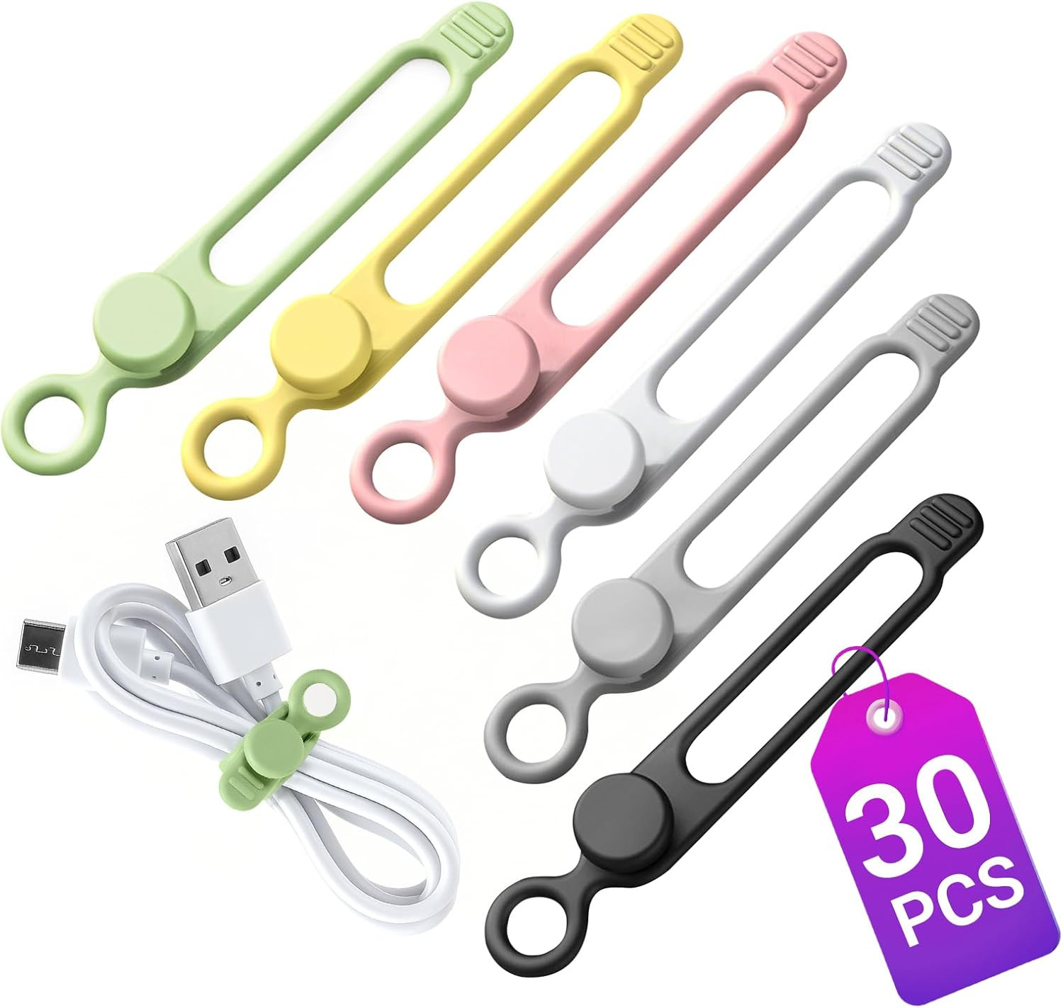 30 Pcs Silicone Cable Ties, Reusable Data Cable Organizer for Home Office | High