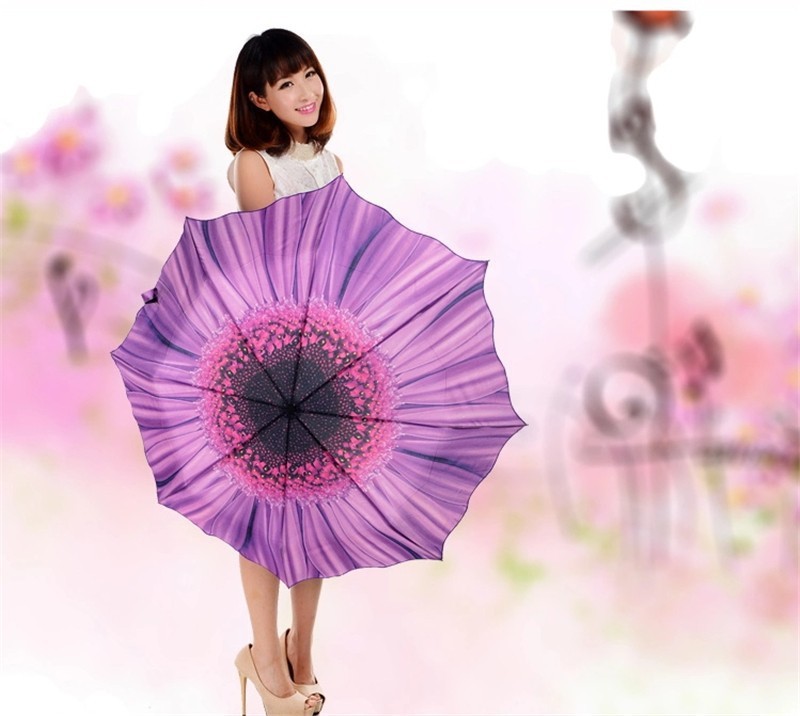 Sunflower Shaped Compact Modern Folding Windproof Umbrella in Yellow & Purple