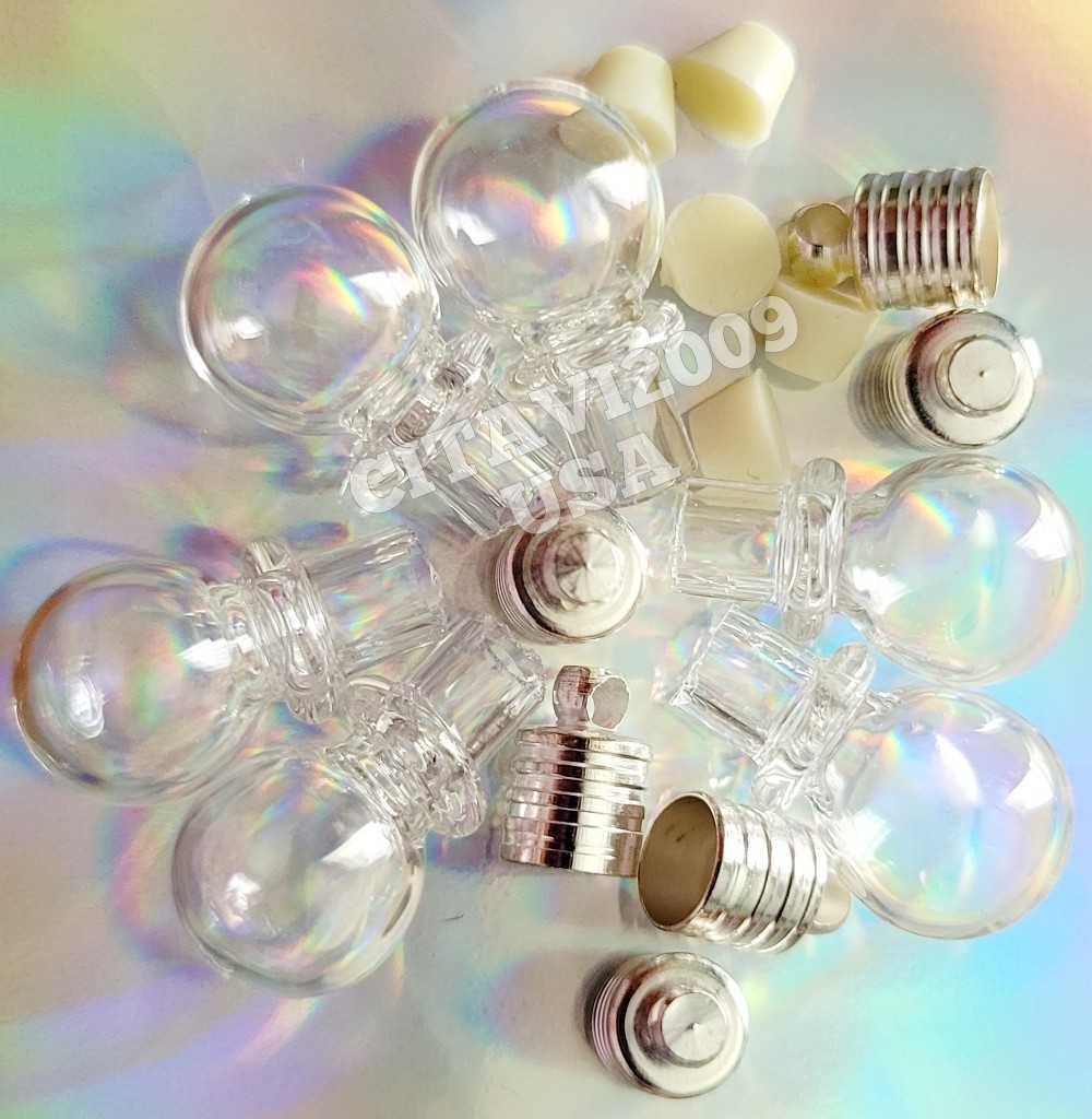 ROUND CLEAR GLASS VIALS 6 Pcs. PENDANTS CHARMS PERFUME MINI BOTTLES - GLUE CAP.