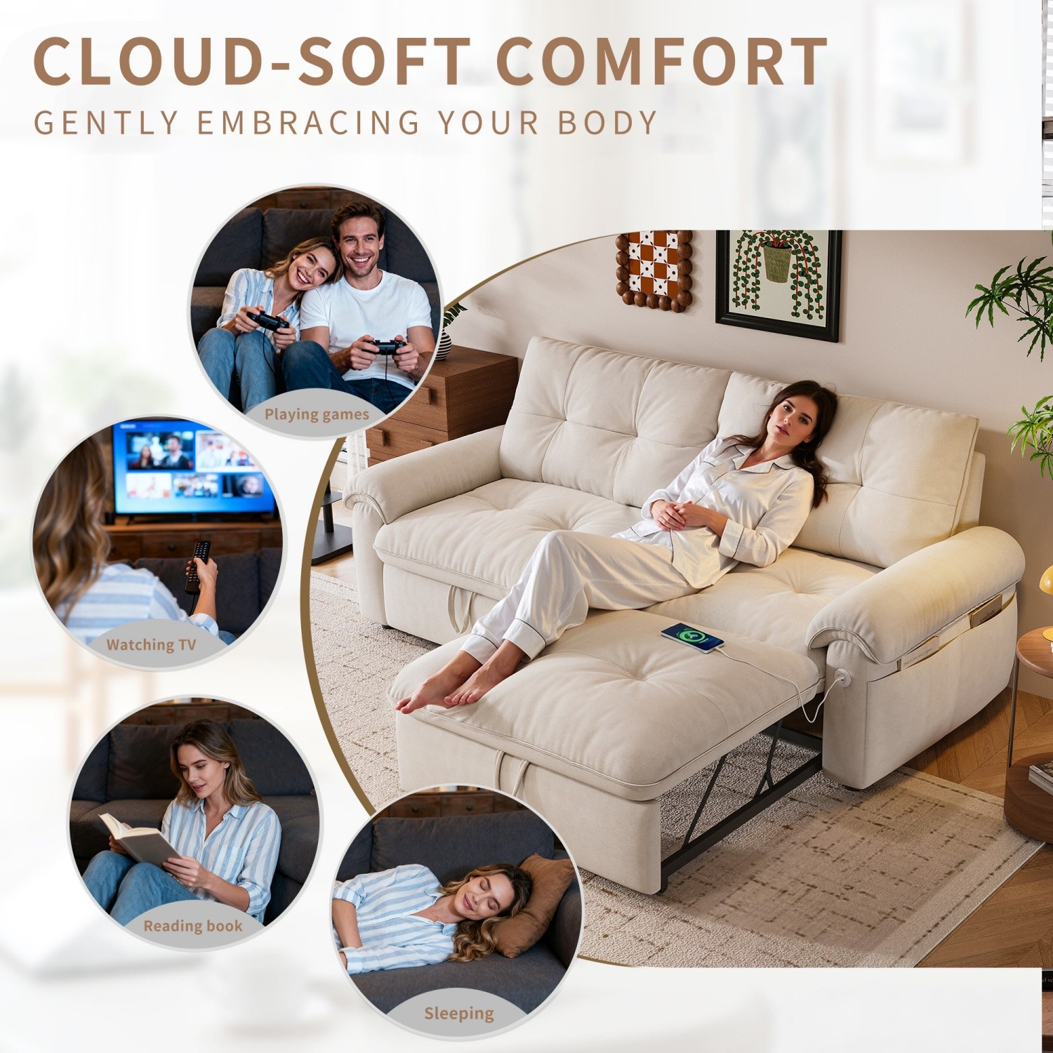Convertible Sofa Bed Velvet 2-in-1 Folding Loveseat Couch with Recliner Feature