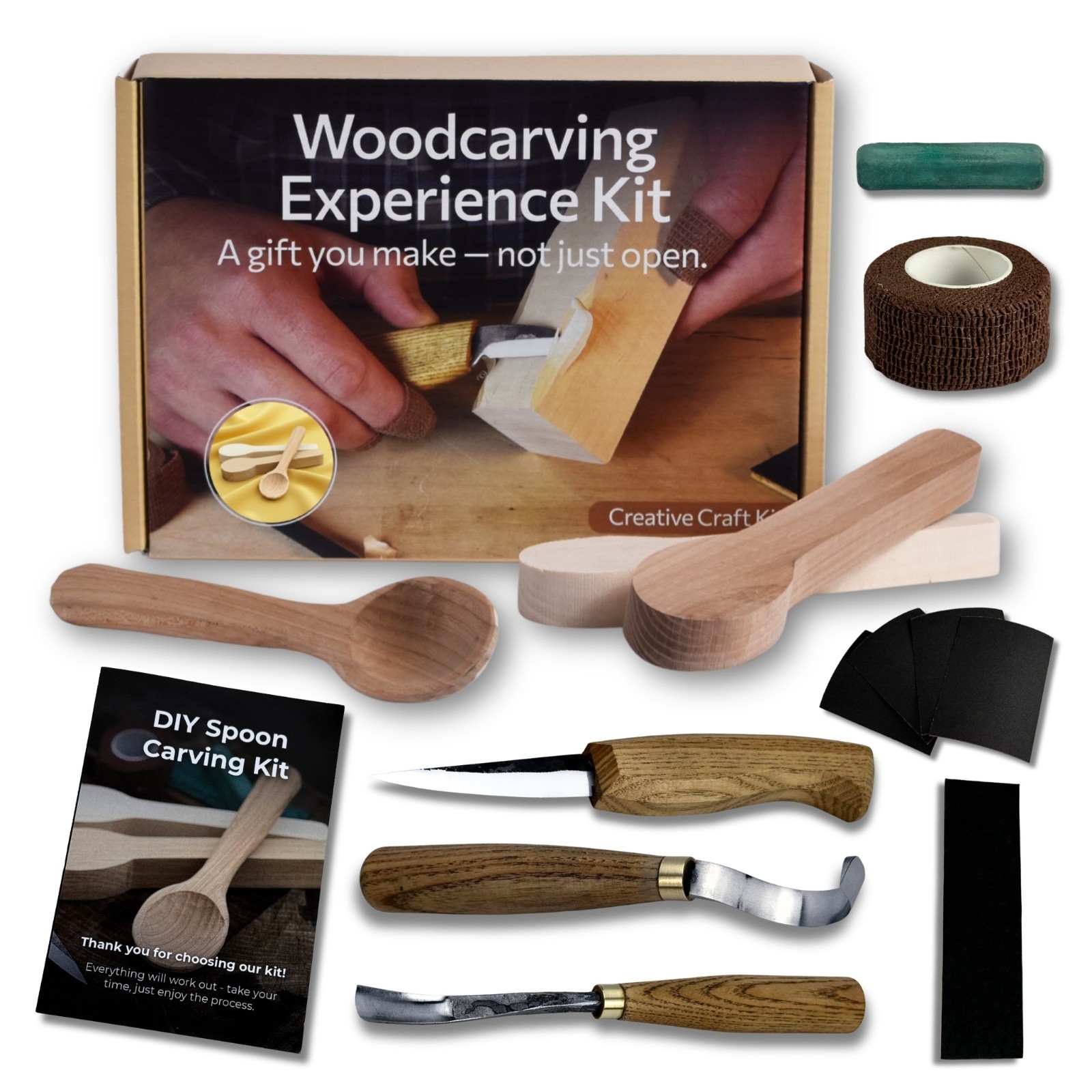 DIY Carving Kit for Beginners Cherry Oak Wood Blanks Clear Instructions 3 Spoons