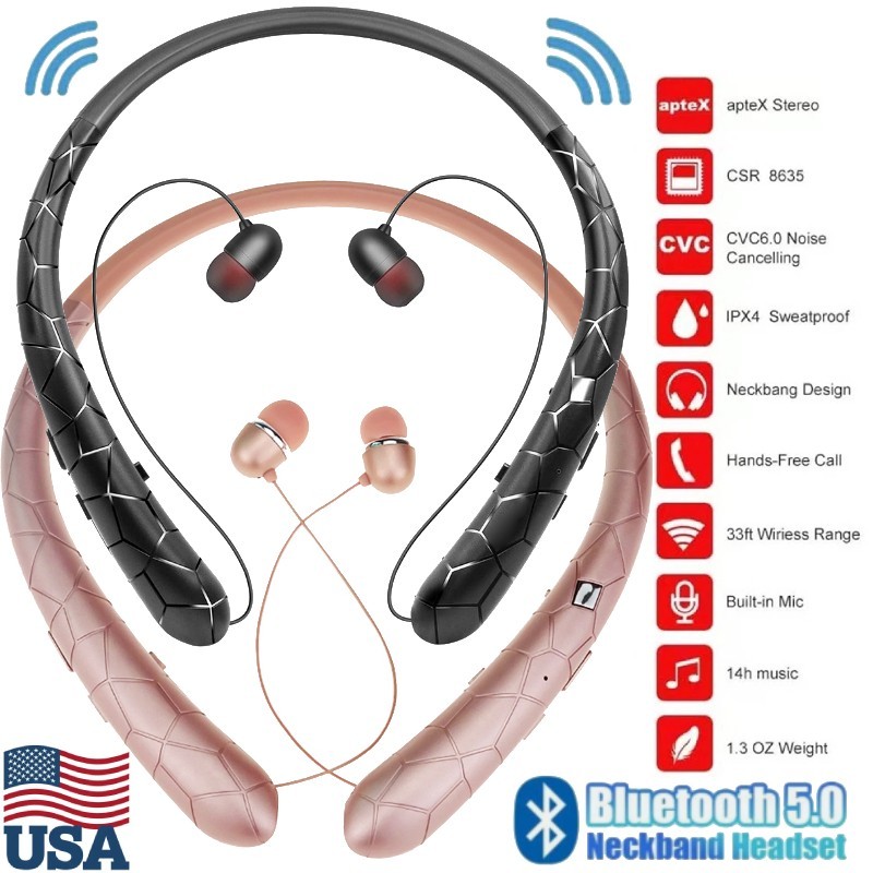 Sweatproof Neckband Headset Wireless Bluetooth Retractable Headphones Earbuds US