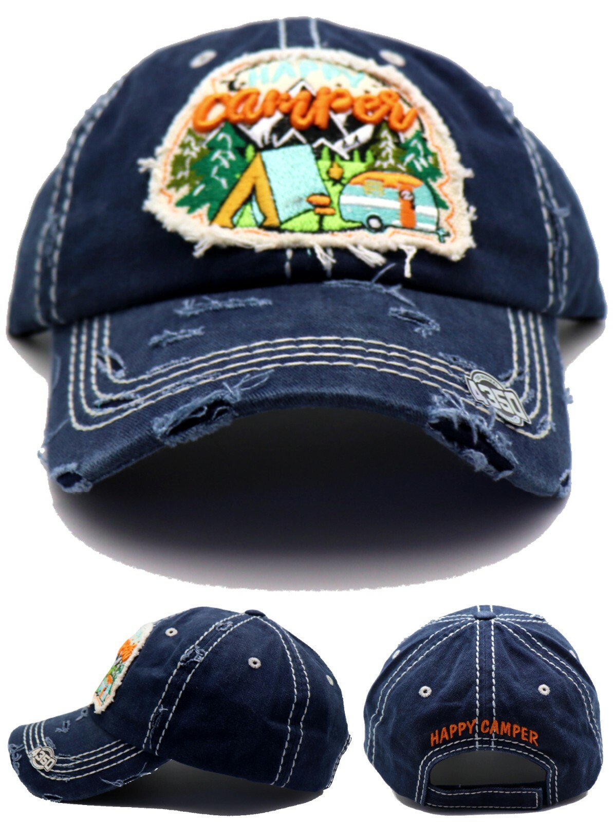 4350 New Happy Camper Trailer Tent RV Ladies Women VTG Blue Navy Era Hat Cap