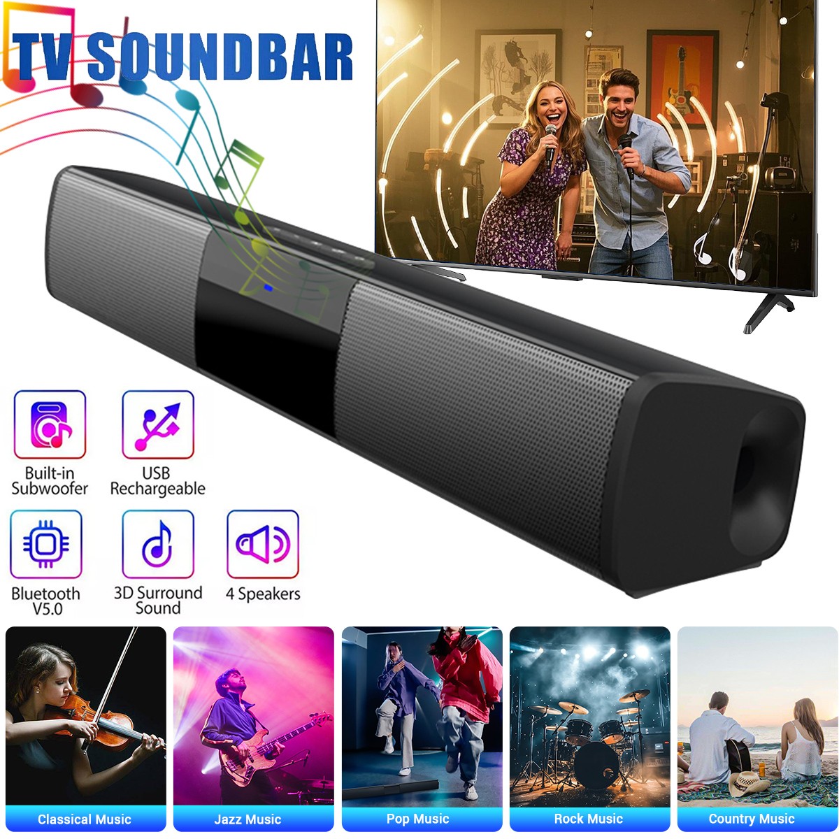 Surround Sound Bar 4 Speaker System Wireless Subwoofer TV Home Theater W/Remote