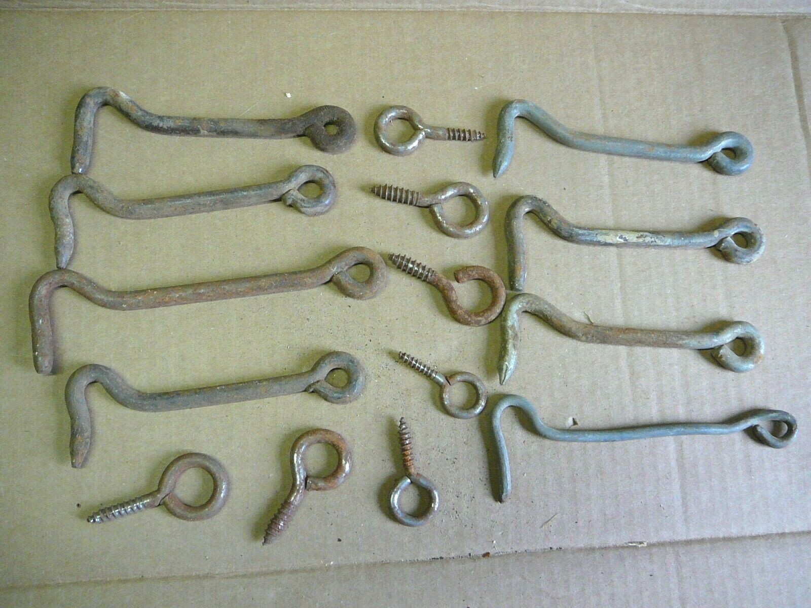 LOT of EIGHT - VINTAGE ANTIQUE SALVAGED STEEL BARN SHED DOOR HOOKS - 7 KEEPERS