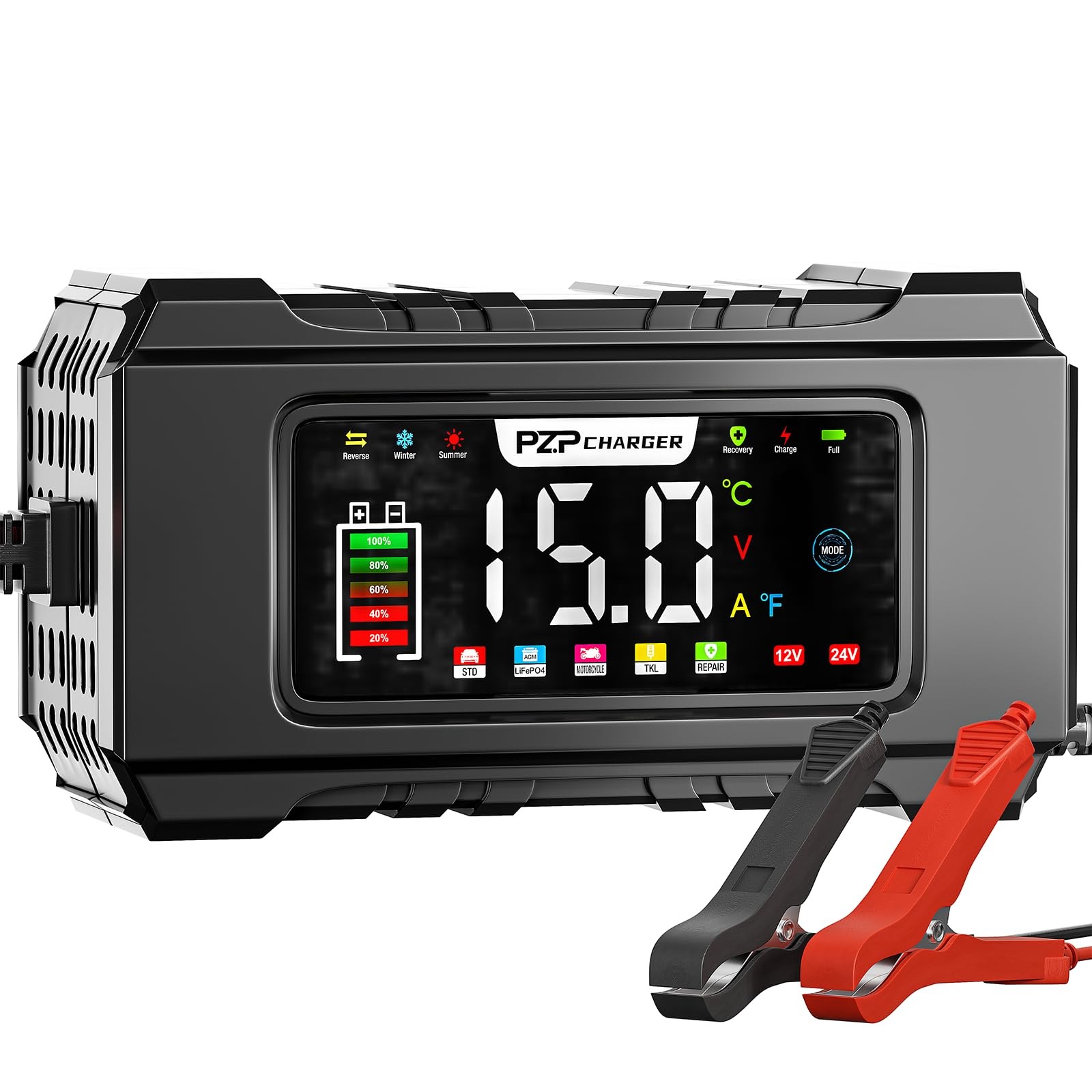 PZP 15-Amp 12V/24V Smart Battery Charger, Maintainer & Trickle Charger Black