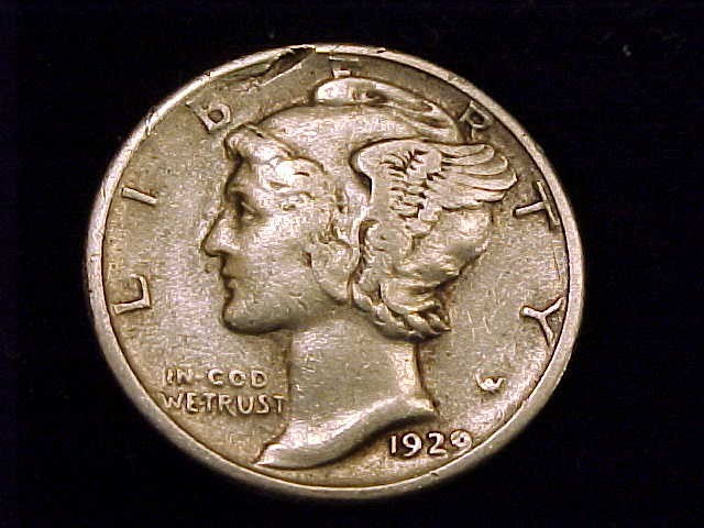 1929-S  Mercury Dime, Very Fine Grade, Mint Error planchet flaw.
