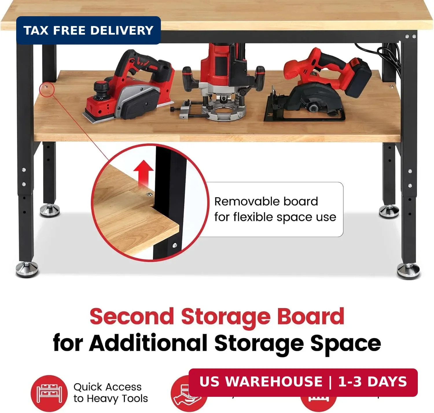 60" Heavy Duty Workbench, Adjustable Height Garage Work Bench with Solid Rubberw