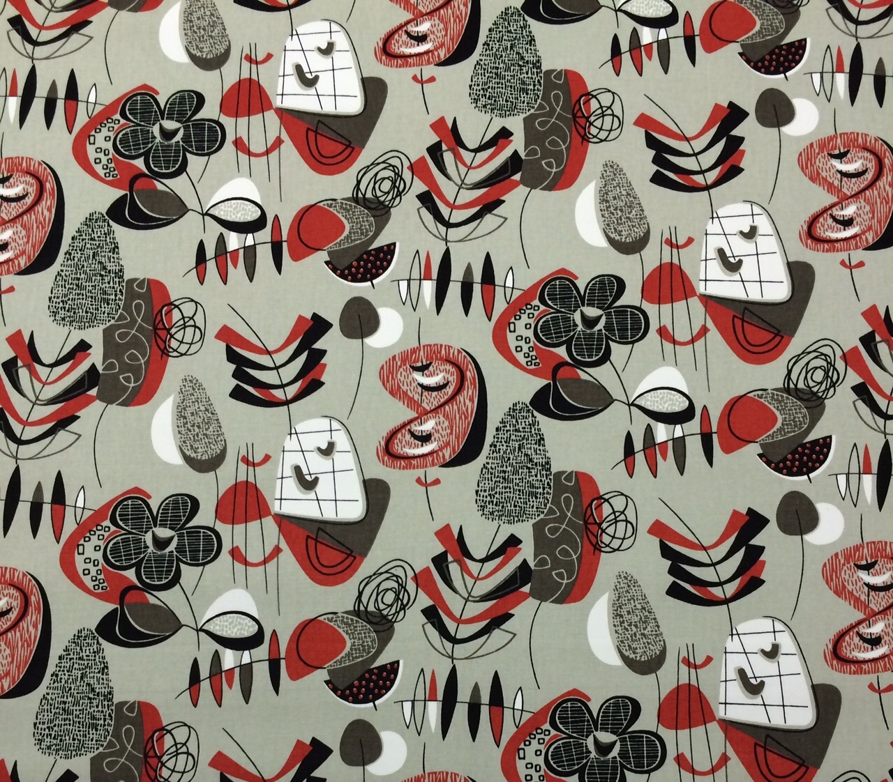 COVINGTON DOO WOP SILVER GRAY RED RETRO FLORAL MULTIUSE FABRIC BY YARD 54"W