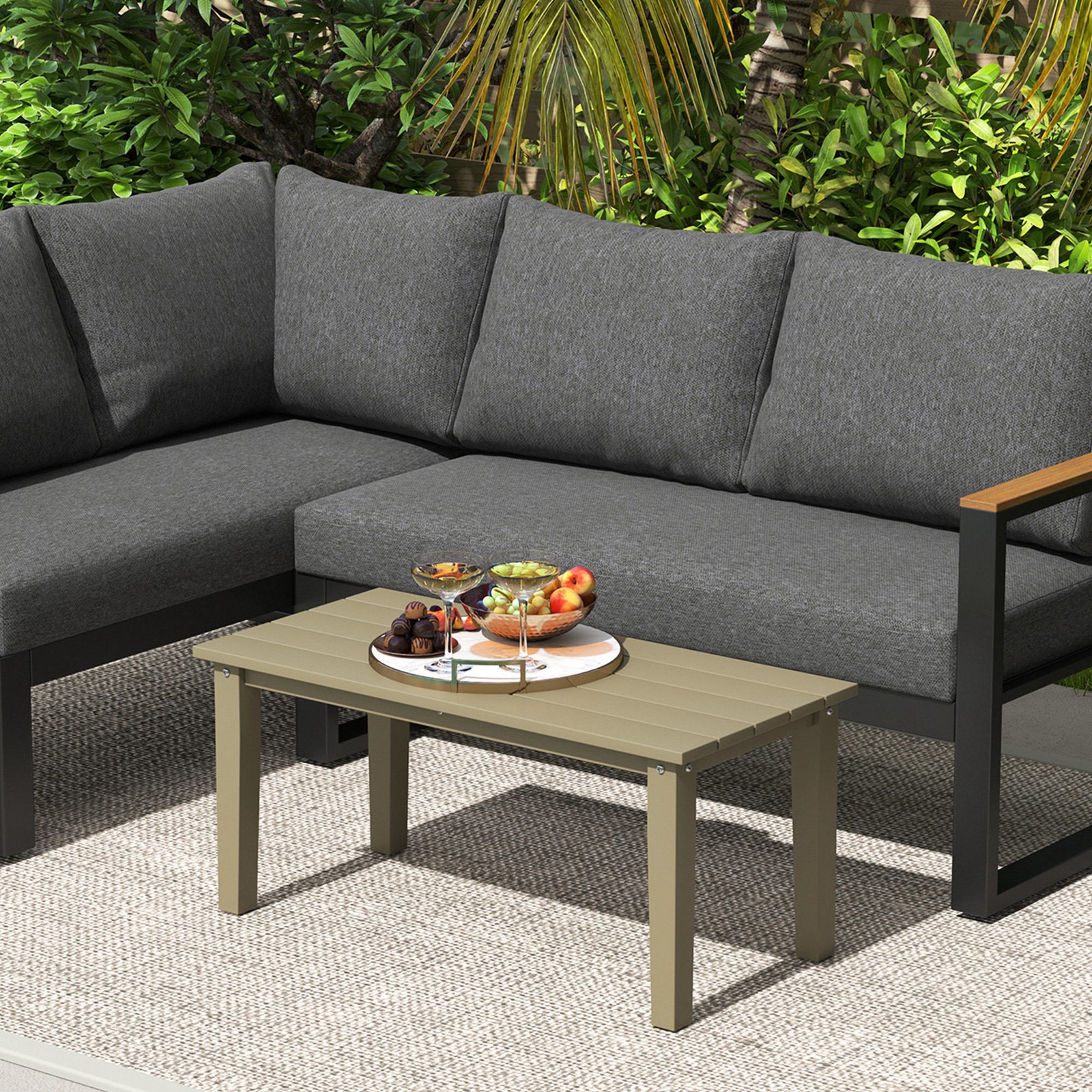 Outsunny HDPE Outdoor Coffee Table, Rectangle Slatted Patio Table, Brown