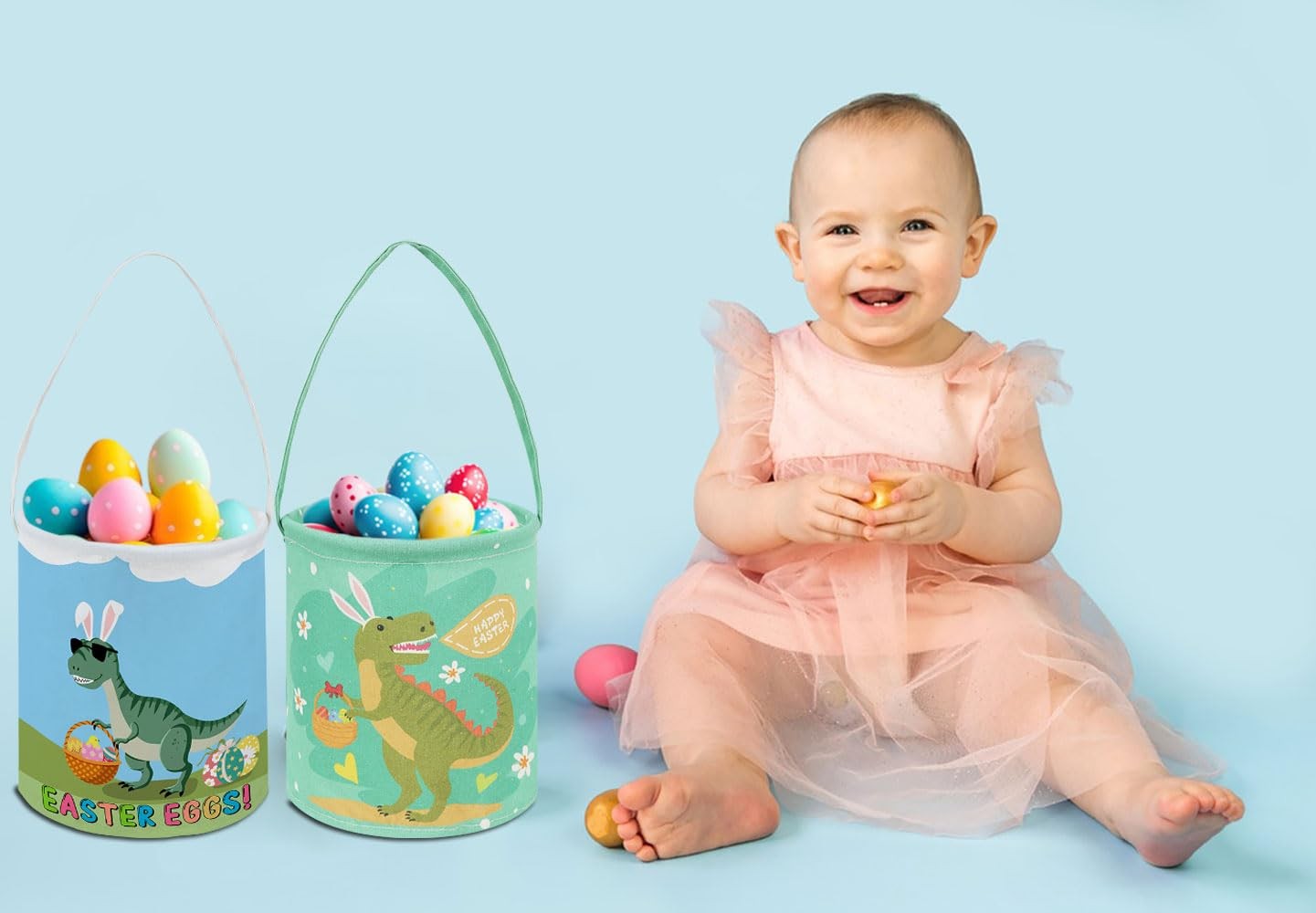 HKEC Dinosaur Easter Eggs Buckets,Gift Baskets with Handle,Cute Pattern Easte...