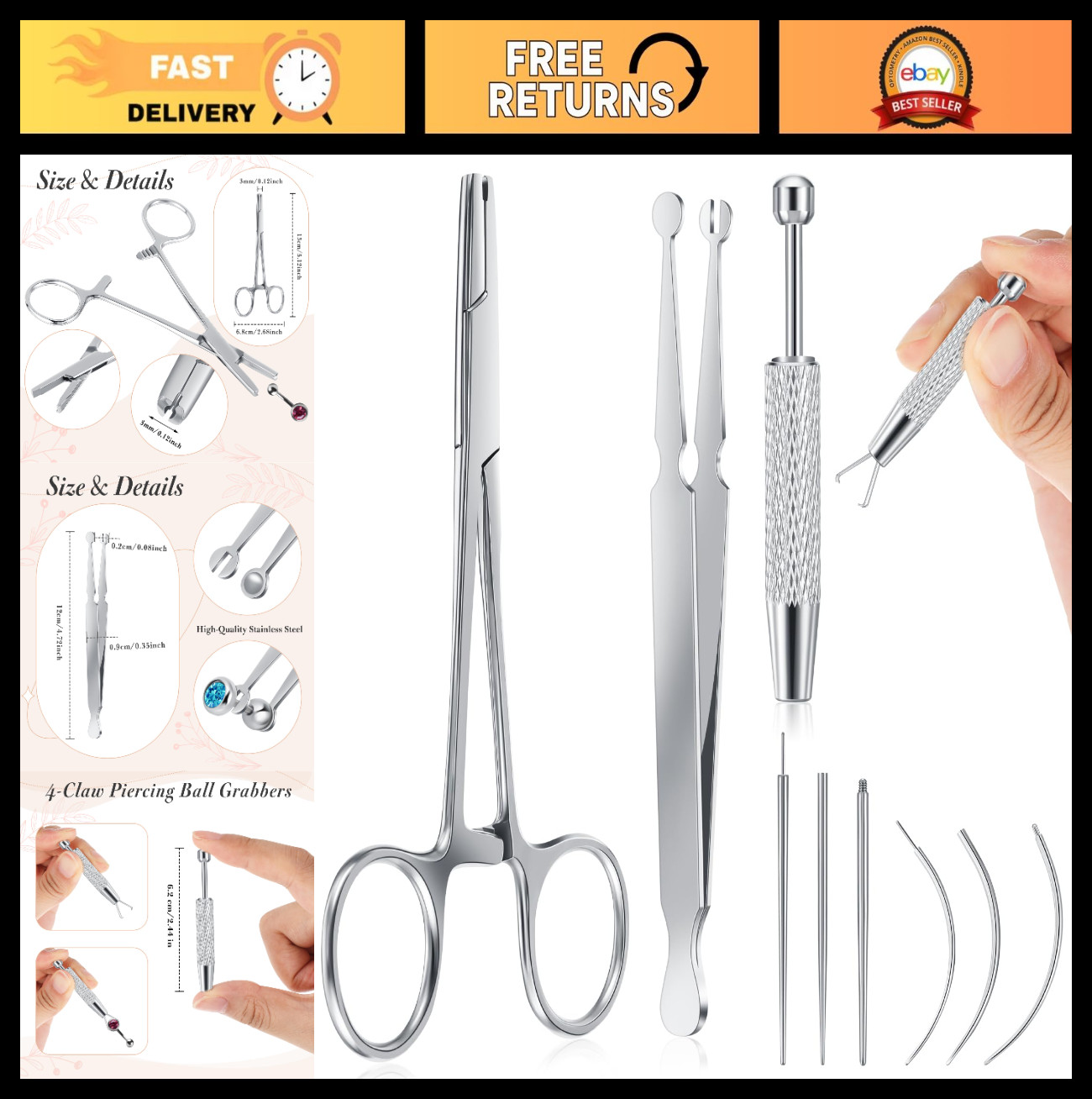 9pcs Stainless Steel Piercing Tool Kit - Ball Grabber, Screw Remover & Bead Clam