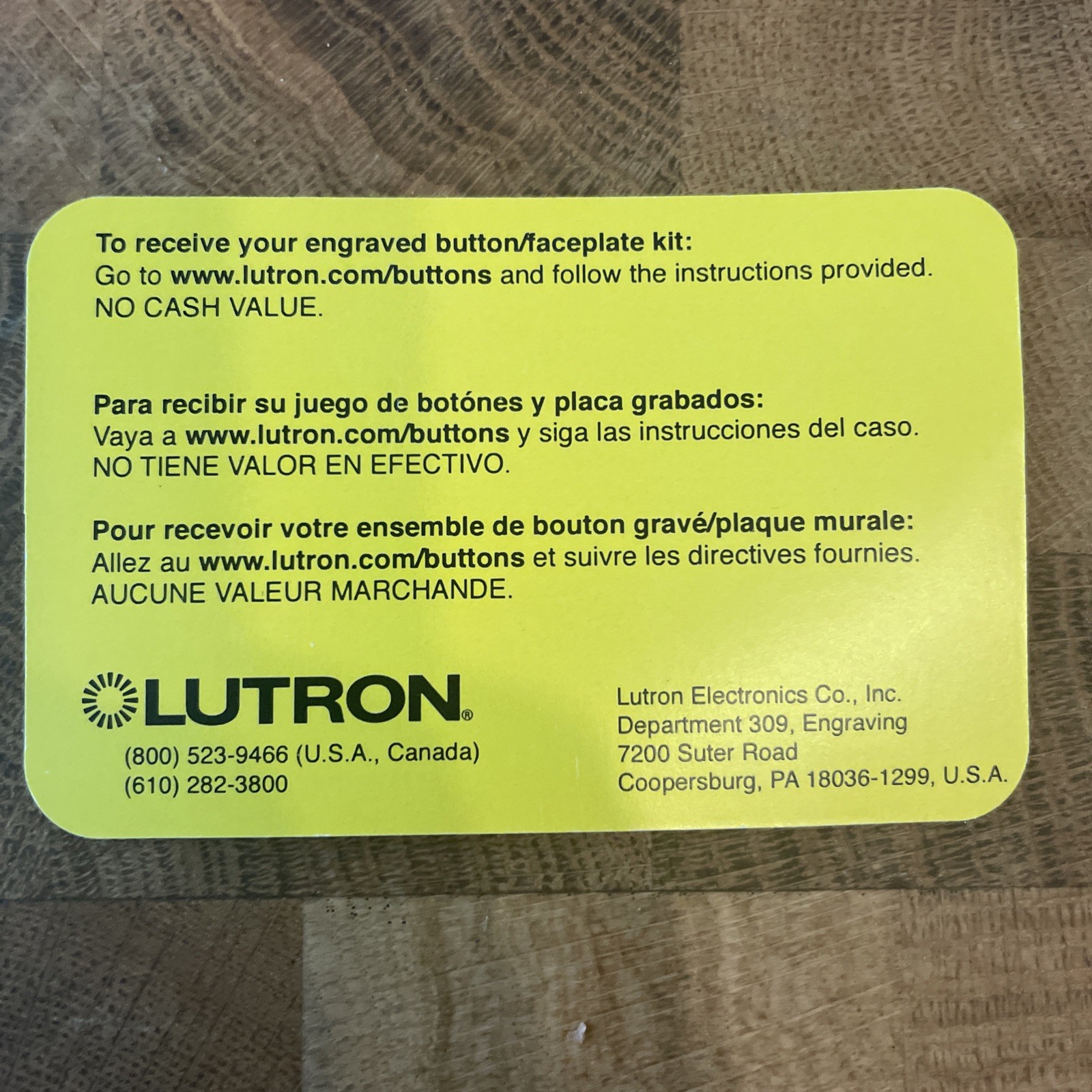 Lutron Engraving Certificate (QTY OF 5) See Touch Keypads