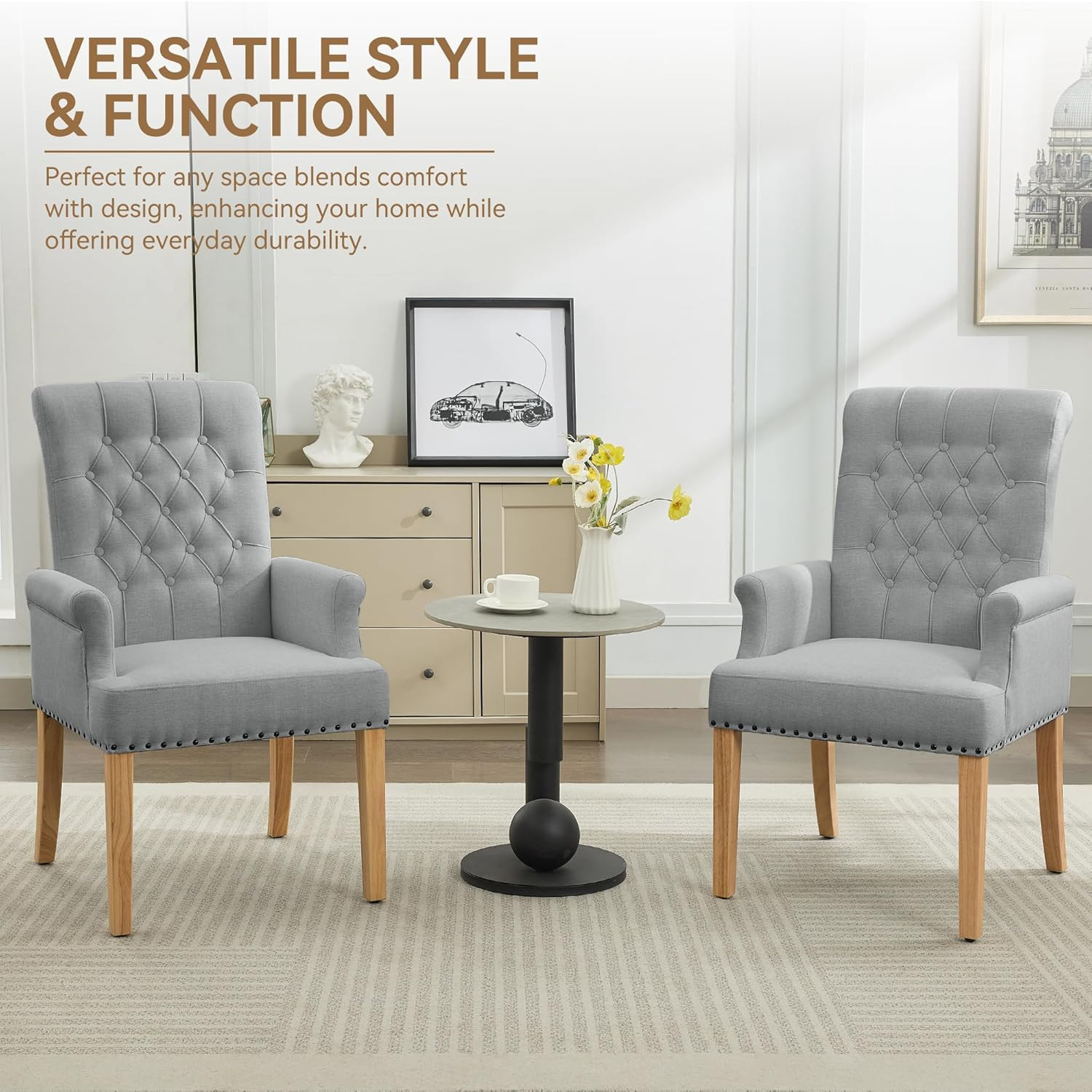 Fabric Dining Chair with Arms, Upholstered Tufted High Back Dining Room Chairs,