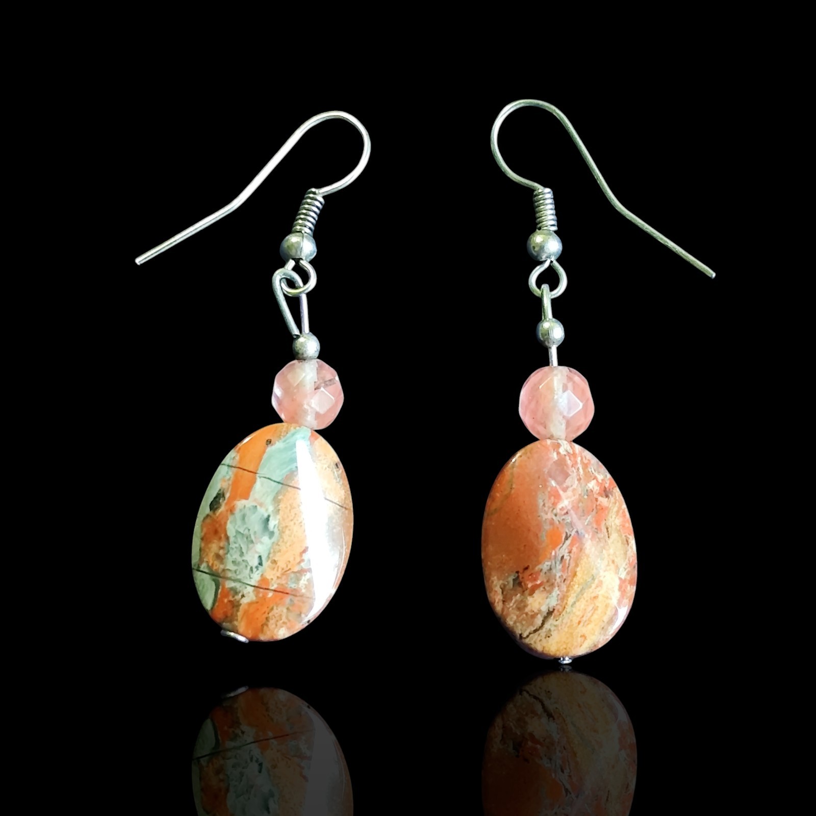 Maligano Jasper & Pink Quartz Dangle Drop Hook Earrings Silver Plate