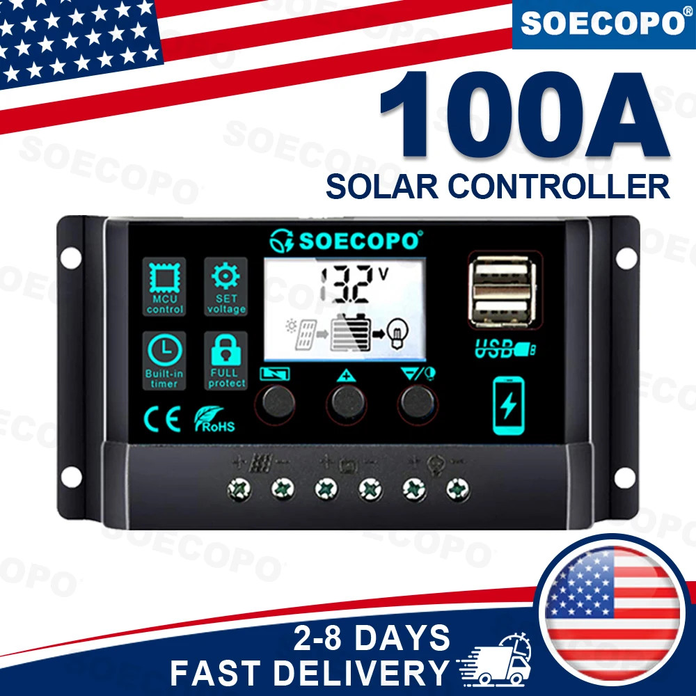 100A Solar Charge Controller 12V/24V Dual USB LCD  Solar Panel Battery Charger